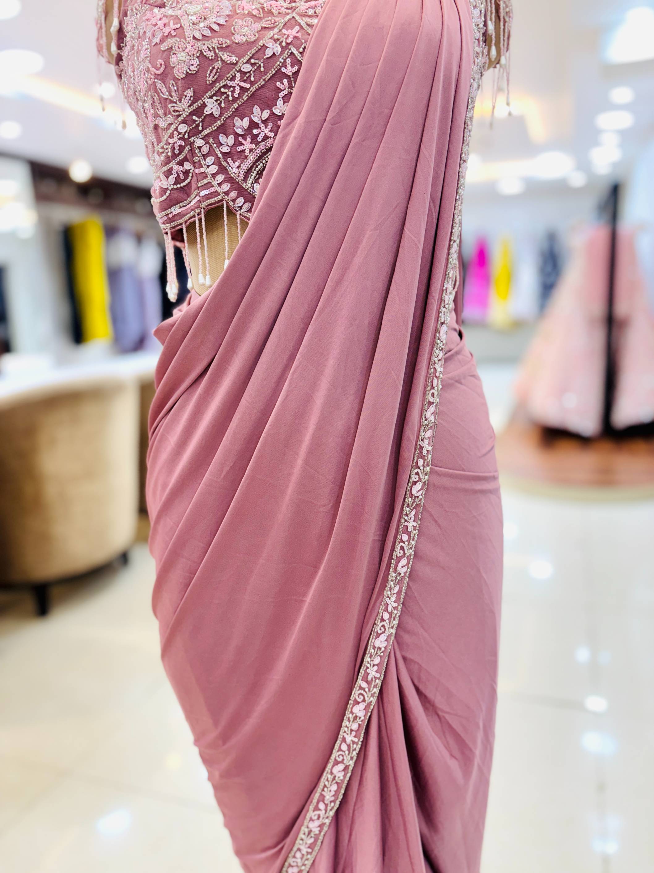 Mauve Embellished Pre Drape Saree With Blouse And Belt