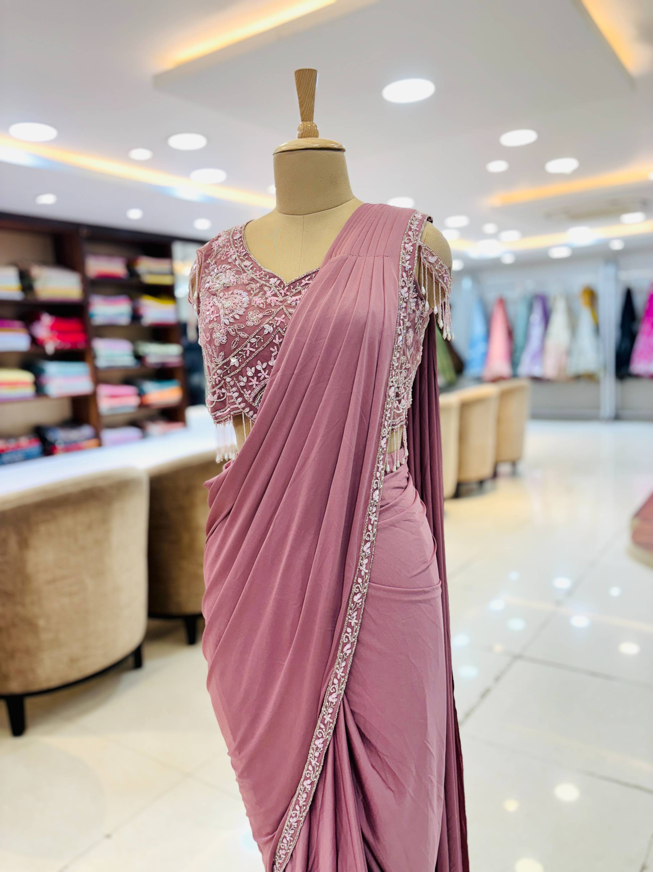 Mauve Embellished Pre Drape Saree With Blouse And Belt