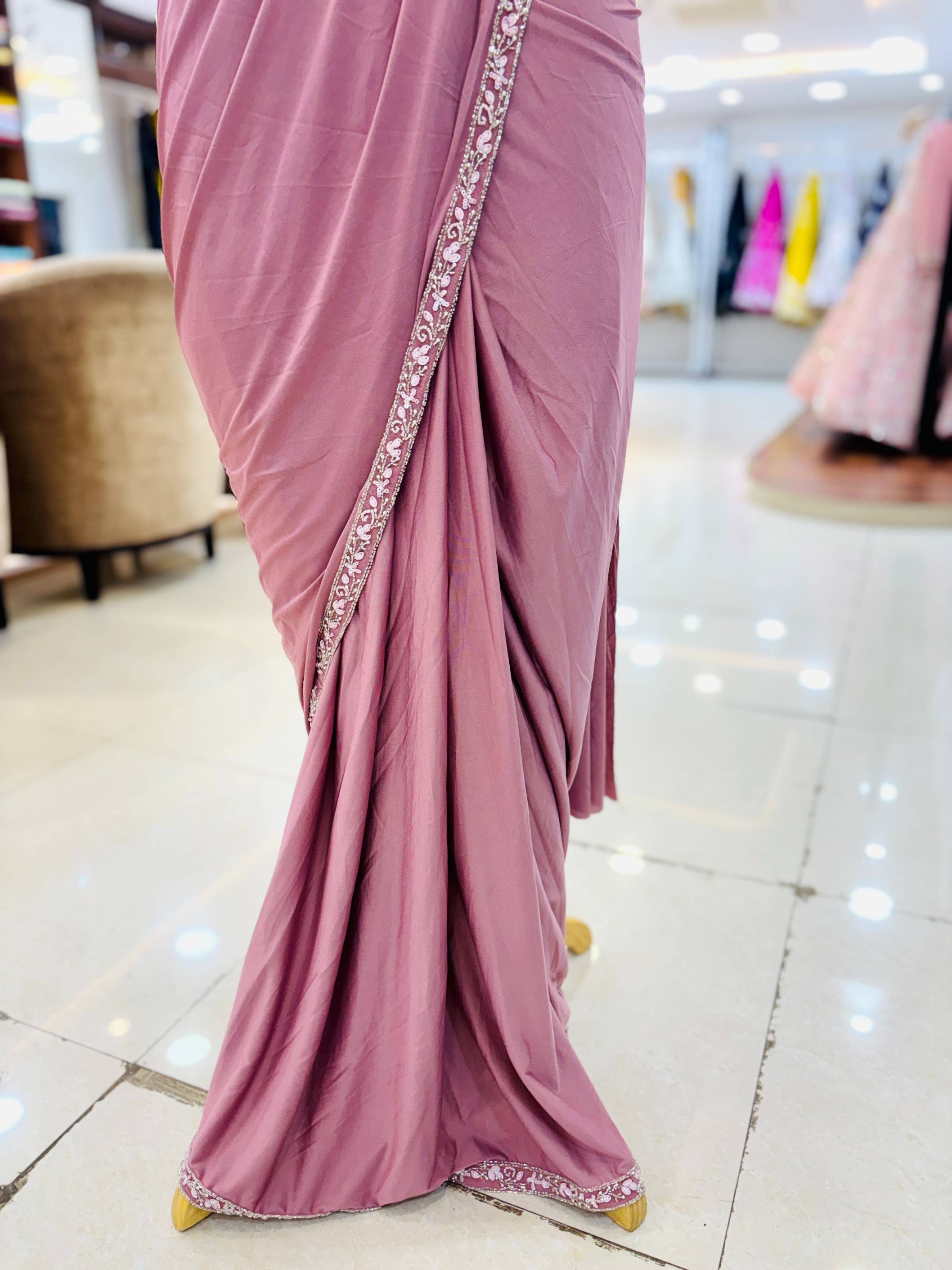 Mauve Embellished Pre Drape Saree With Blouse And Belt