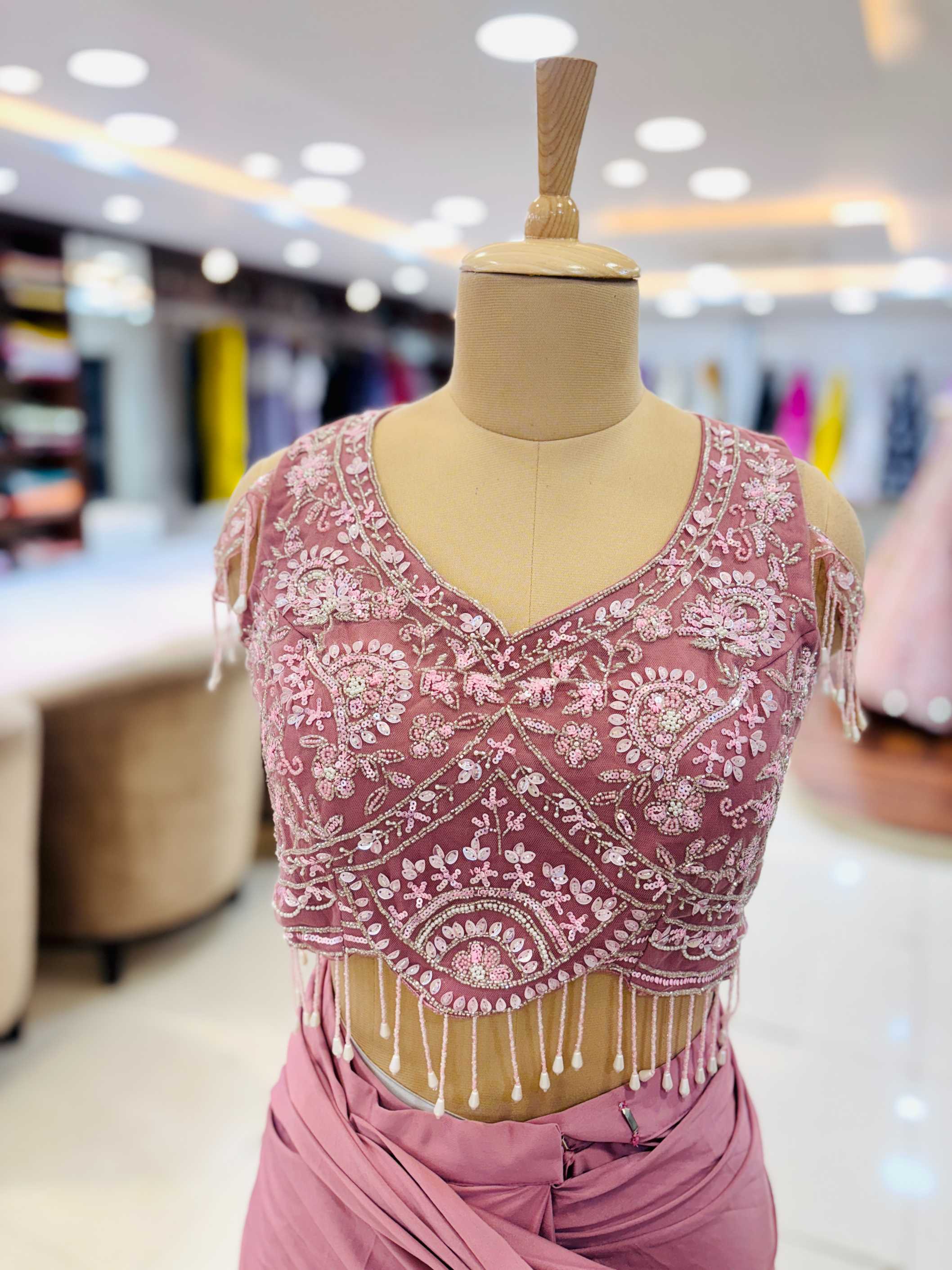 Mauve Embellished Pre Drape Saree With Blouse And Belt