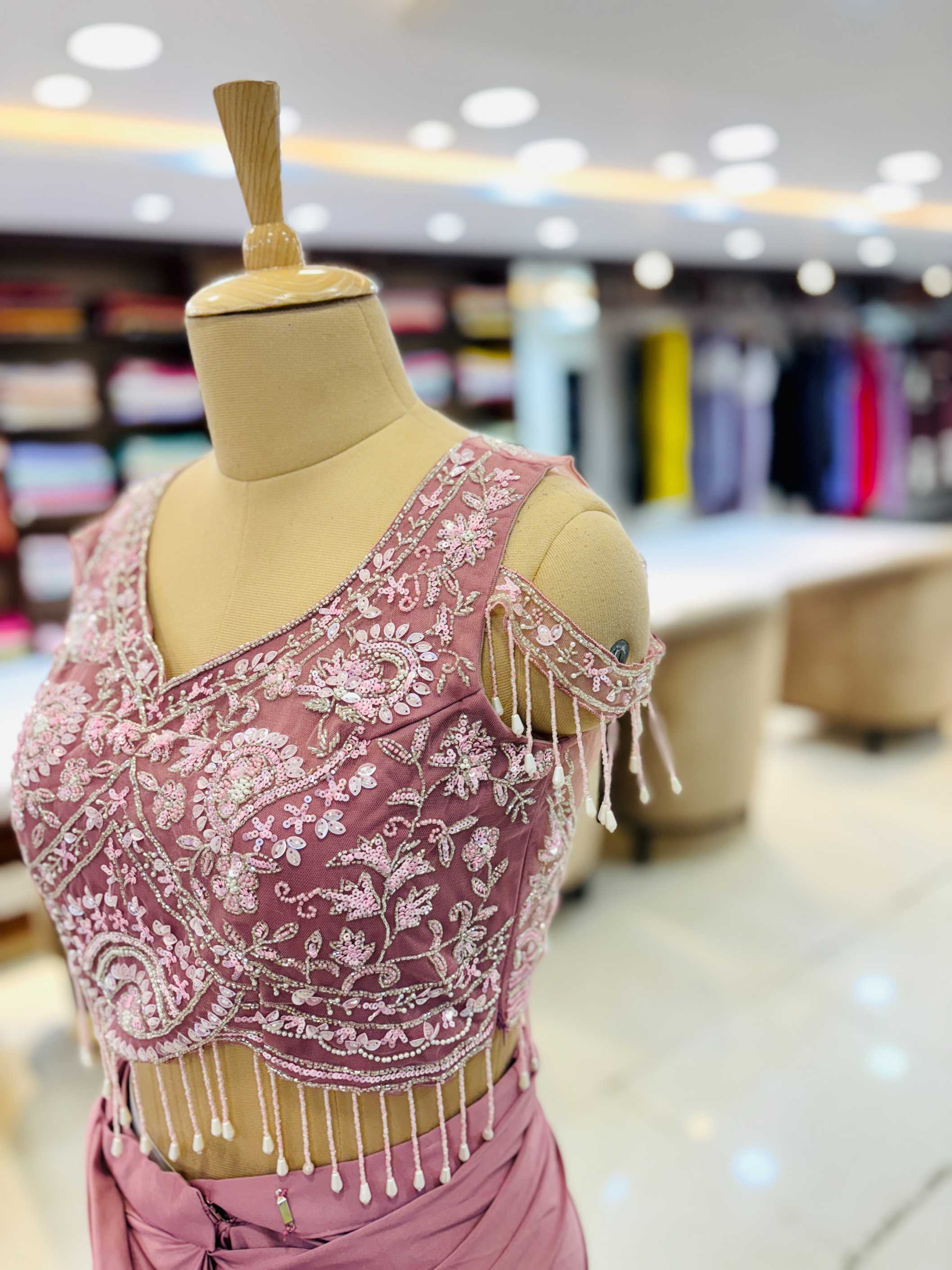 Mauve Embellished Pre Drape Saree With Blouse And Belt