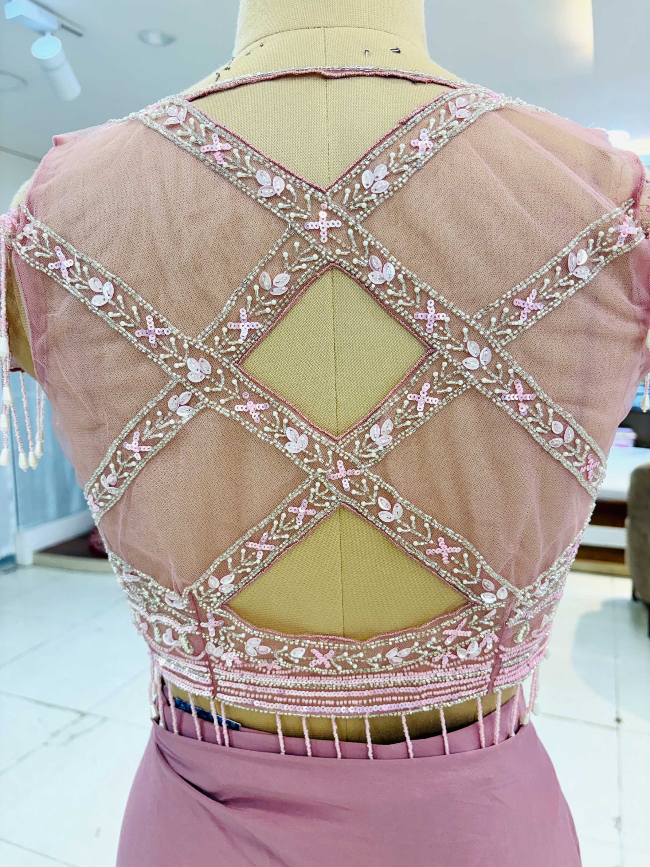 Mauve Embellished Pre Drape Saree With Blouse And Belt