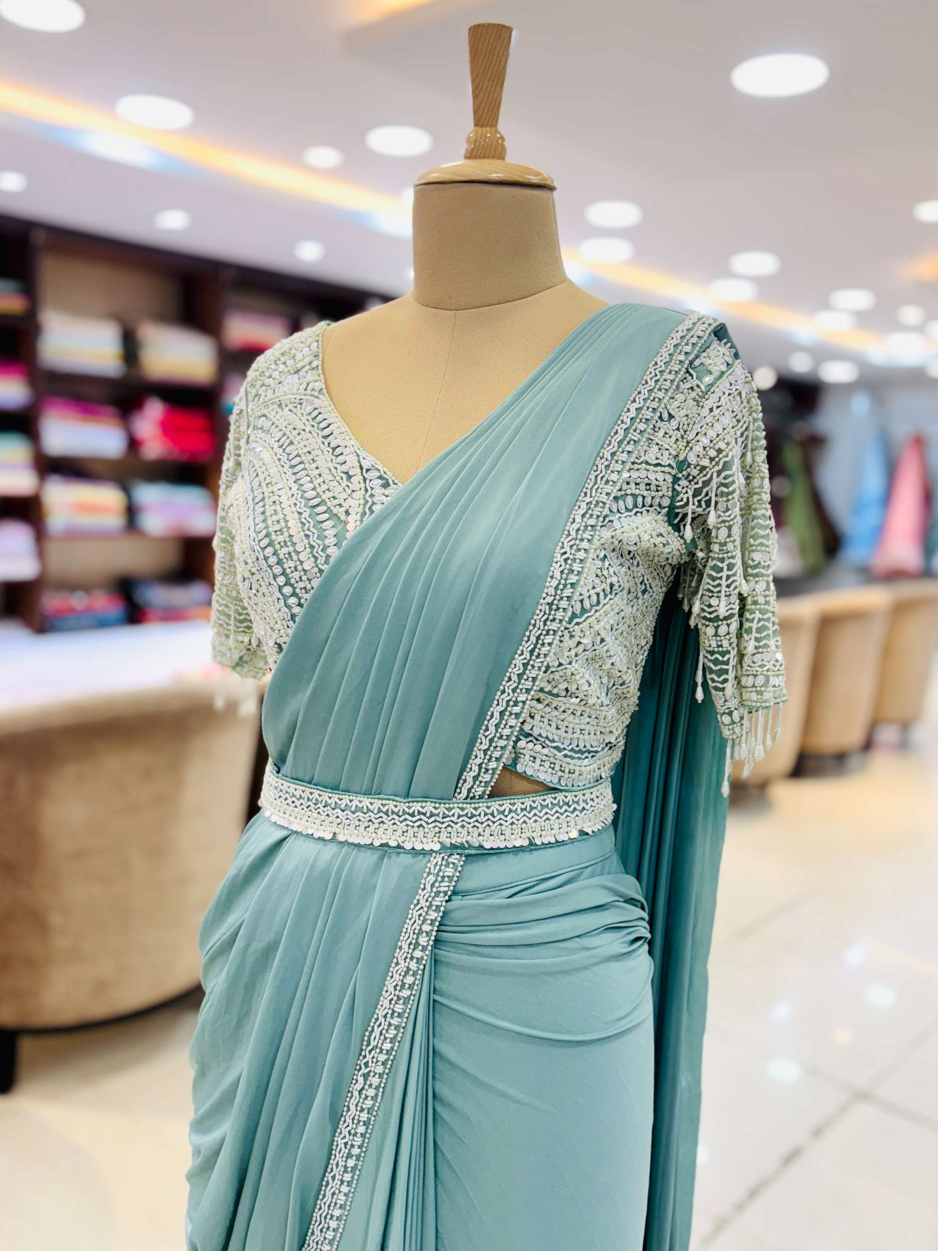 Green Pre Drape Saree With Blouse And Belt