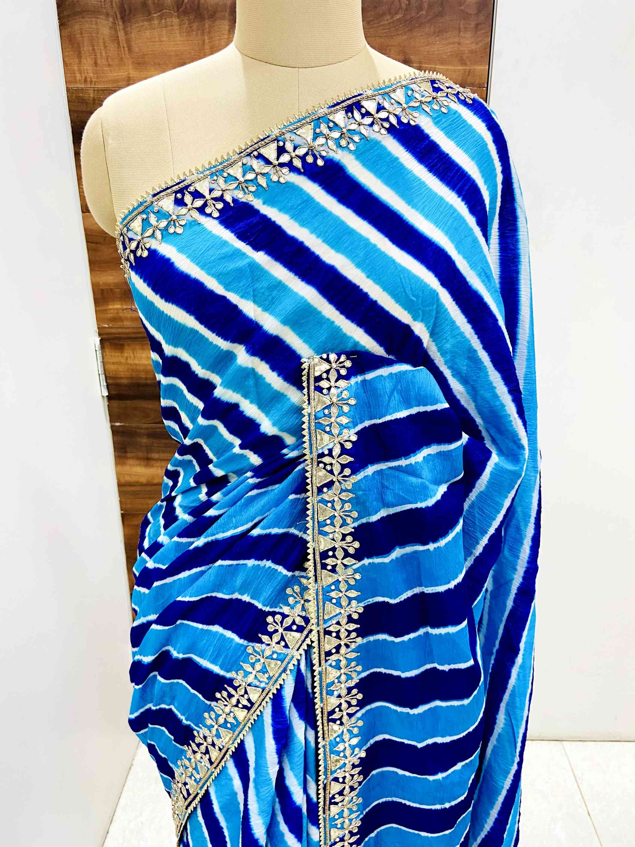 Shaded Blue Pure Silk Leheriya Saree- Daabu Jaipur