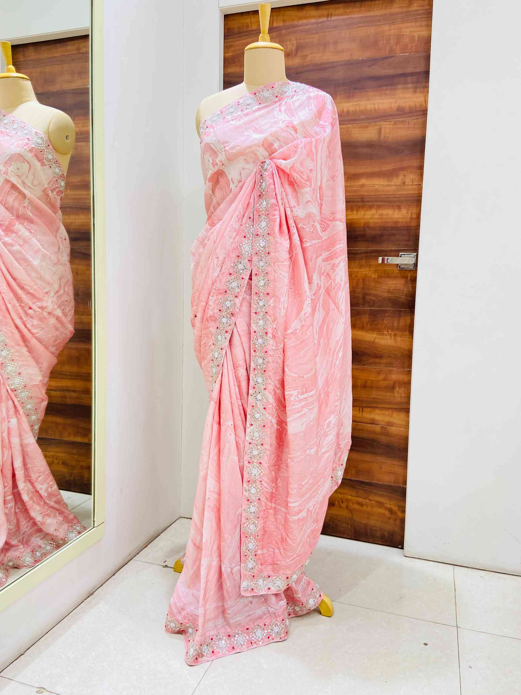 Pink Marble Print Silk Saree