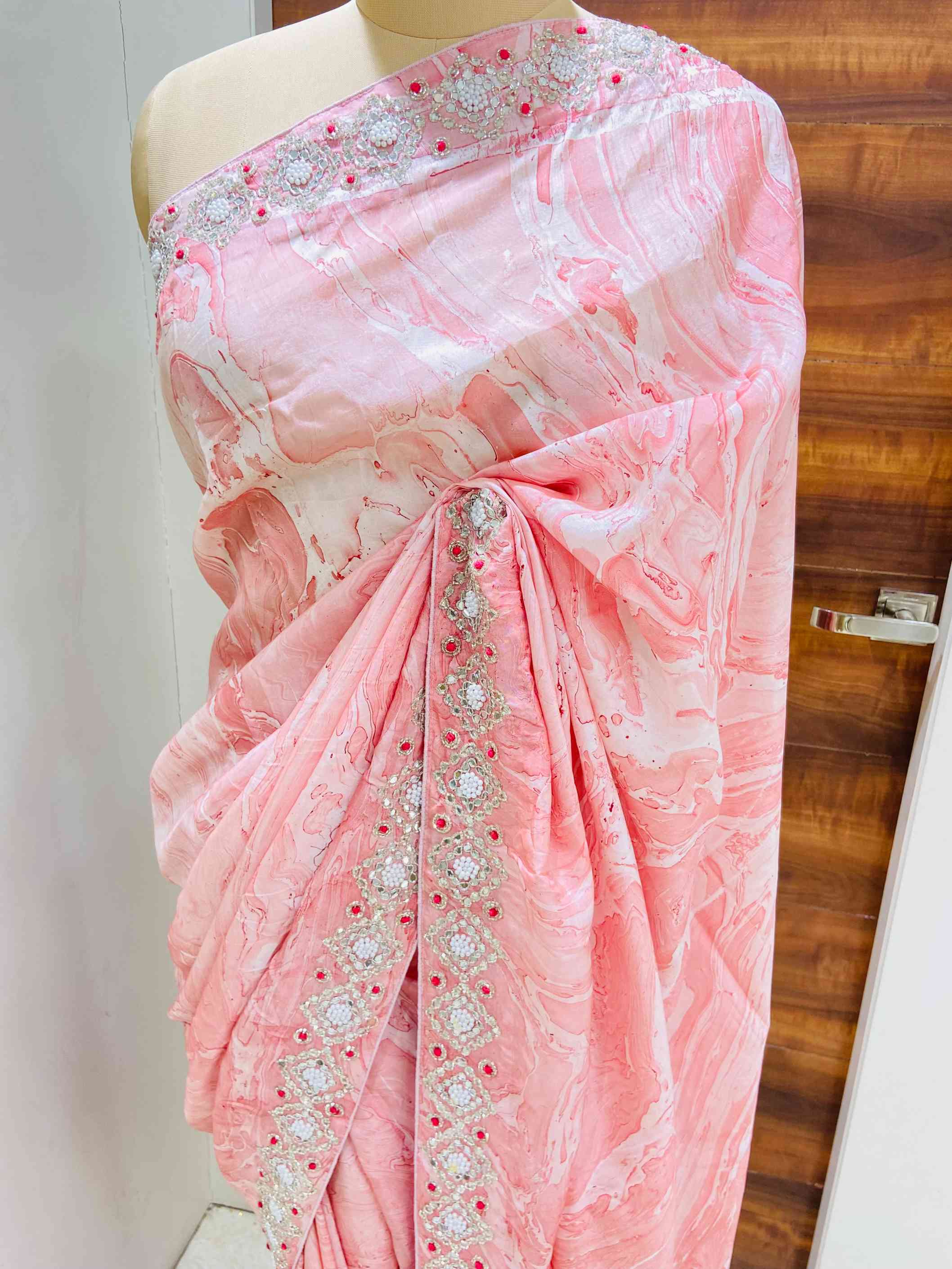 Pink Marble Print Silk Saree