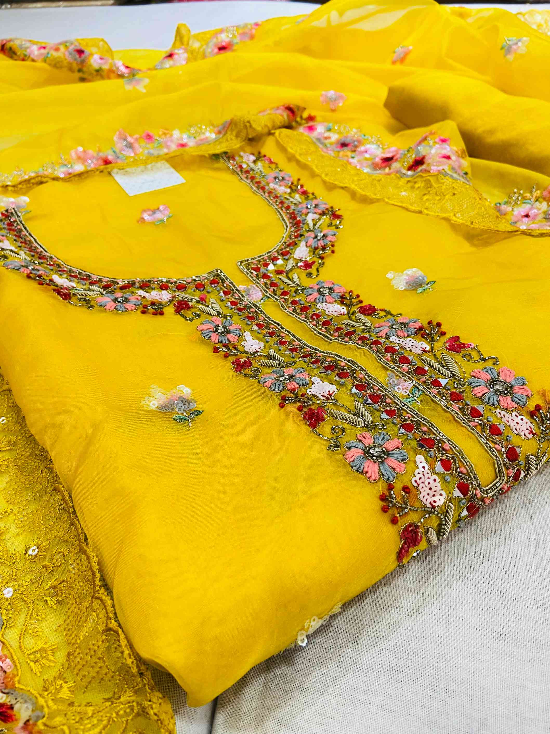 Yellow Organza Hand Work Unstitched Suit Set