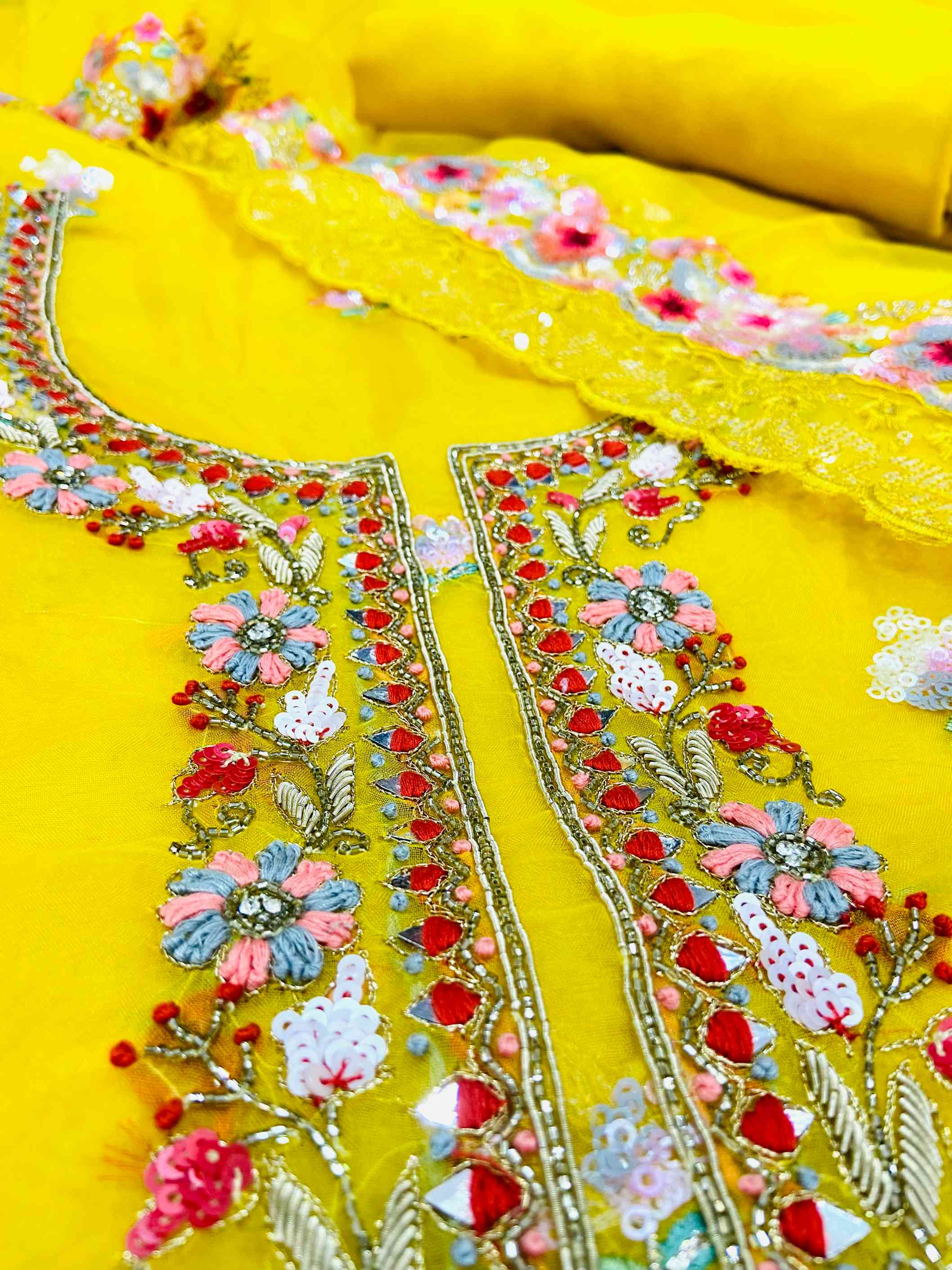 Yellow Organza Hand Work Unstitched Suit Set