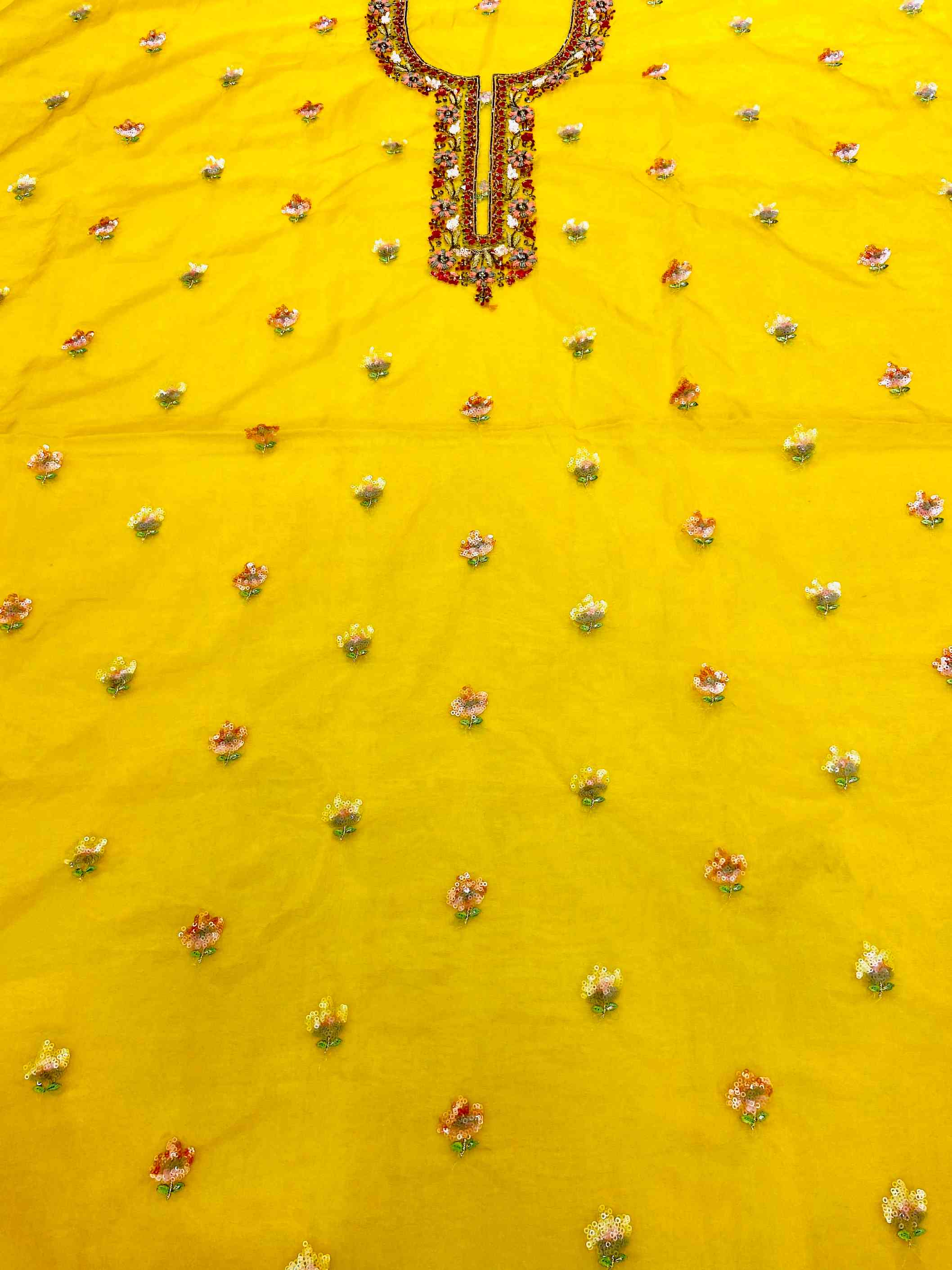 Yellow Organza Hand Work Unstitched Suit Set