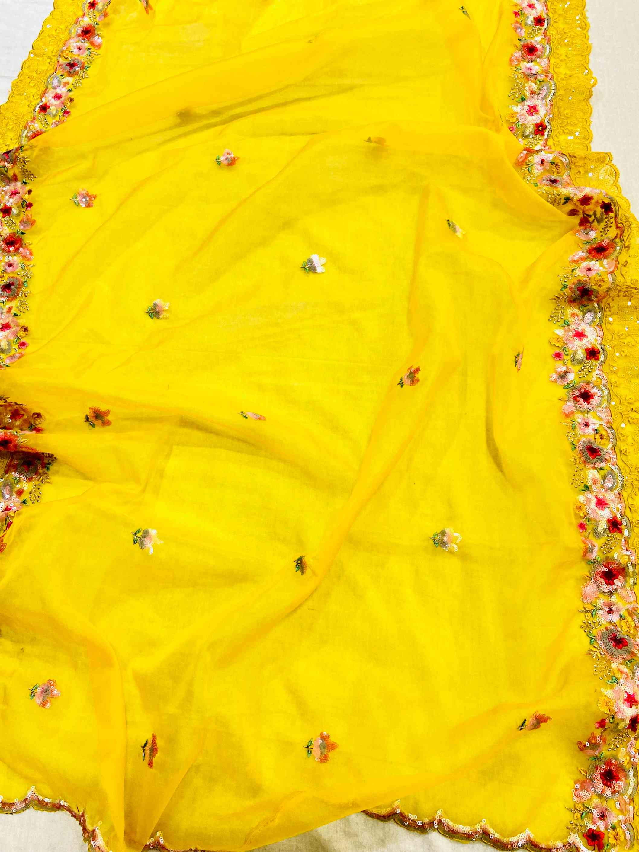 Yellow Organza Hand Work Unstitched Suit Set