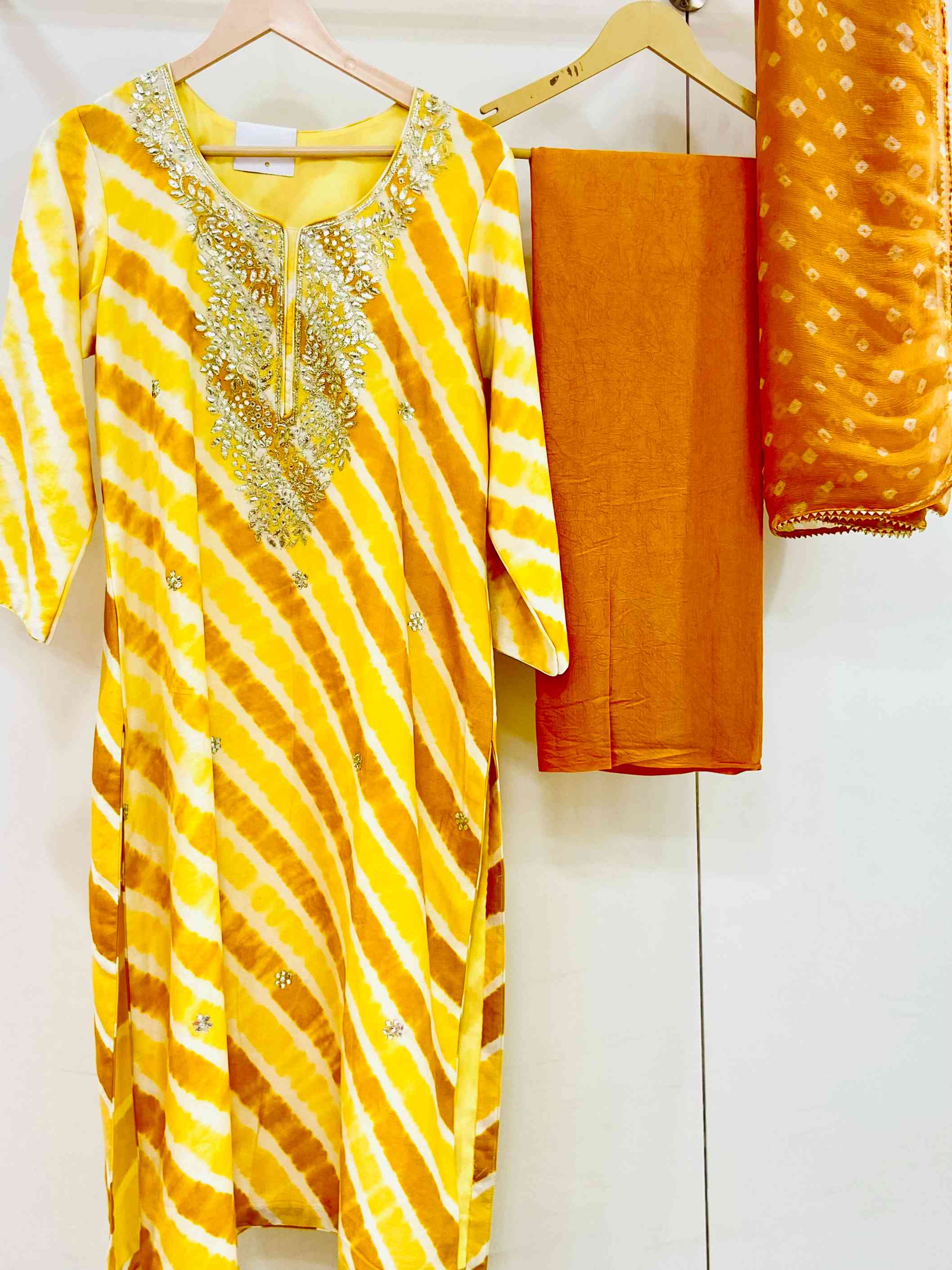 Yellow Designer Leheriya Tussar Silk Suit