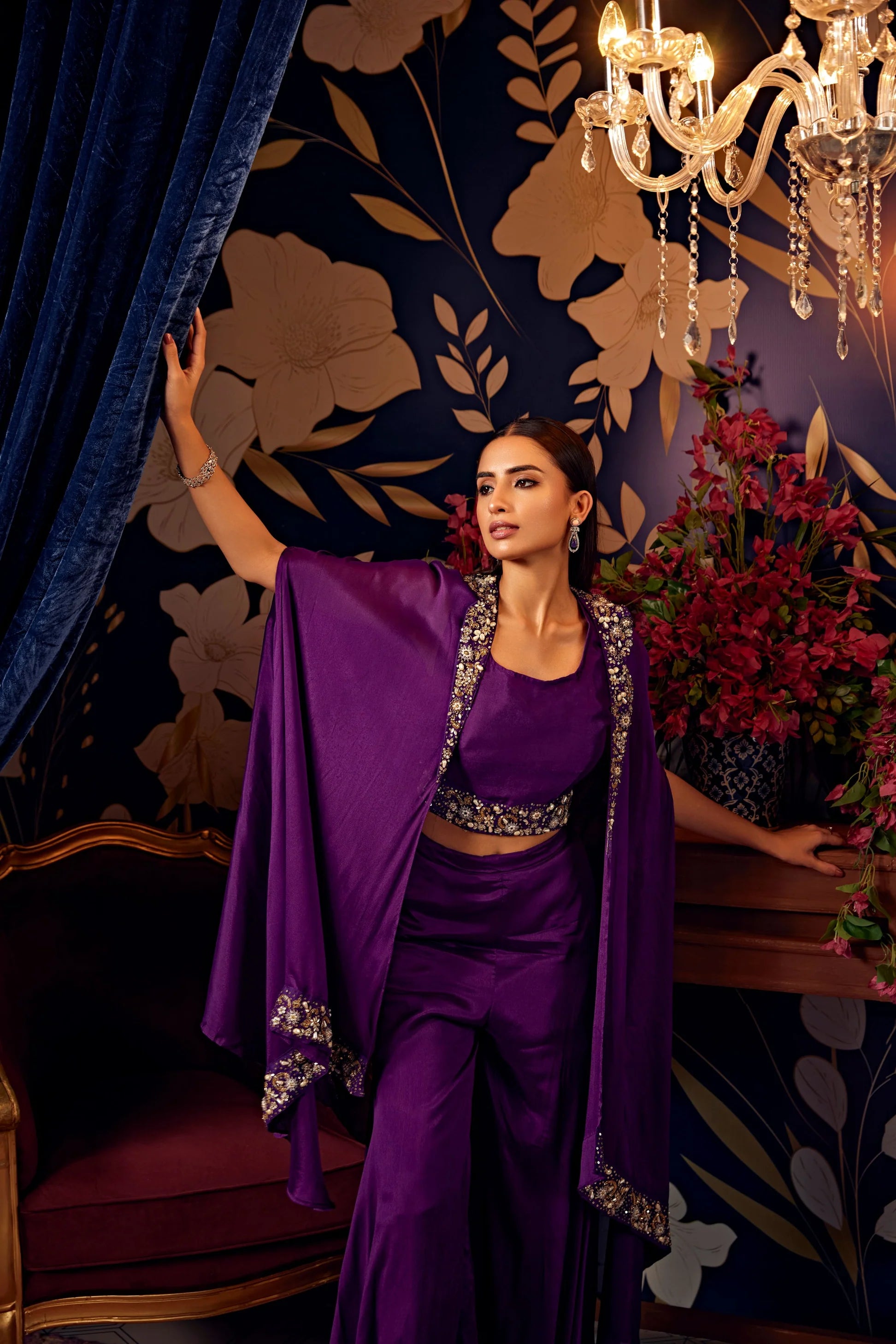 Purple Embellished Premium Georgette Silk Cape Set