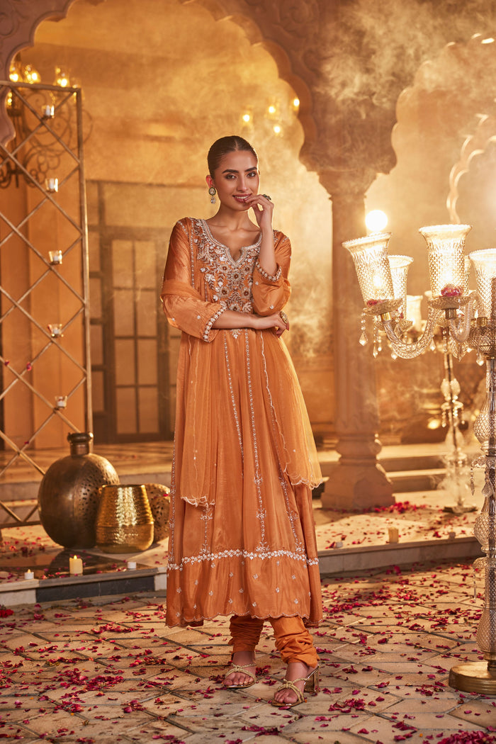 Orange Embellished Chinon Silk Anarkali Set