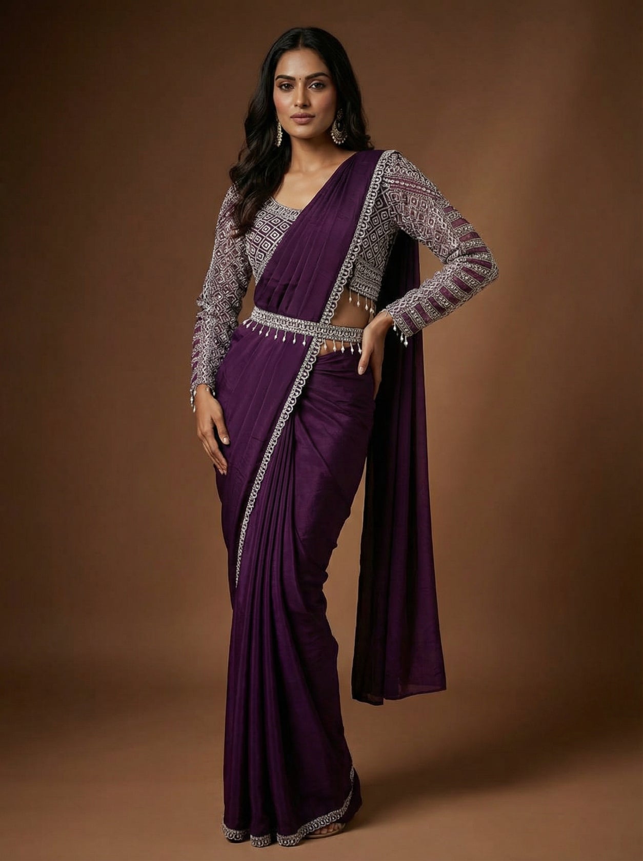 Purple Embroidered Full Sleeves Drape Saree
