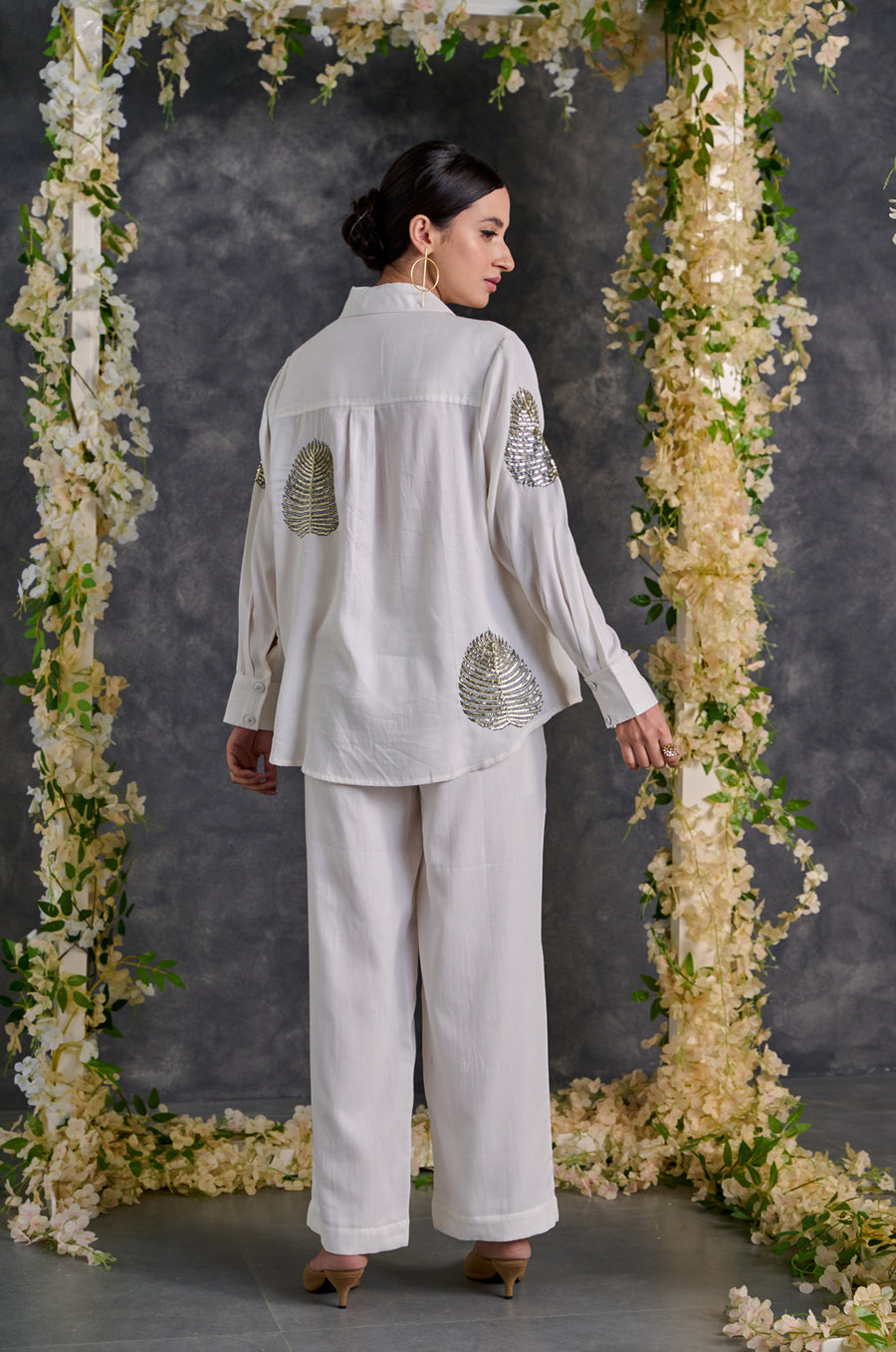 White Embroidered Italian Silk Shirt with Pants Co-ord Set (Set of 2)