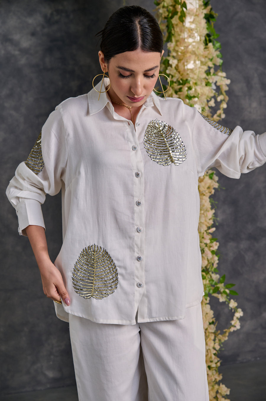 White Embroidered Italian Silk Shirt with Pants Co-ord Set (Set of 2)