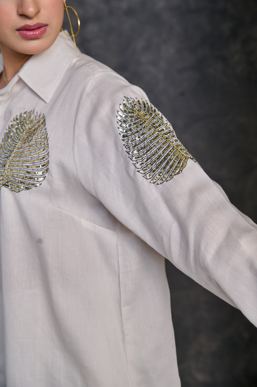 White Embroidered Italian Silk Shirt with Pants Co-ord Set (Set of 2)