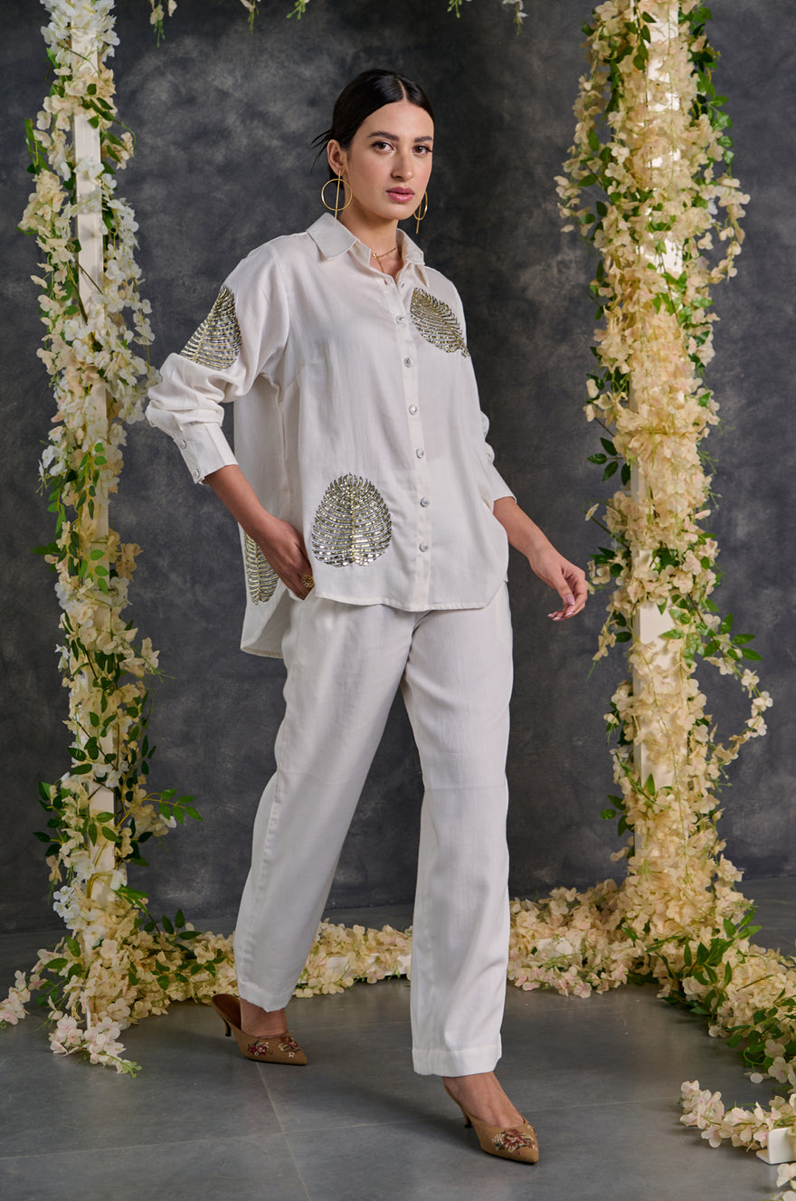 White Embroidered Italian Silk Shirt with Pants Co-ord Set (Set of 2)