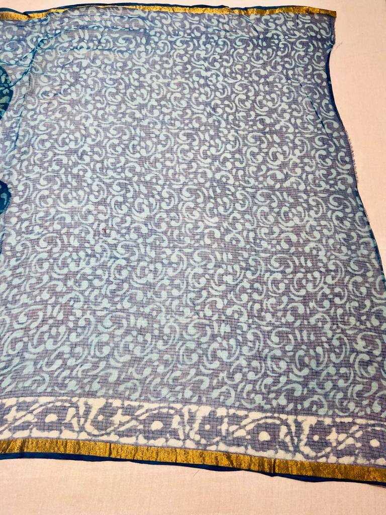 Blue Hand Block Kota Doria Saree