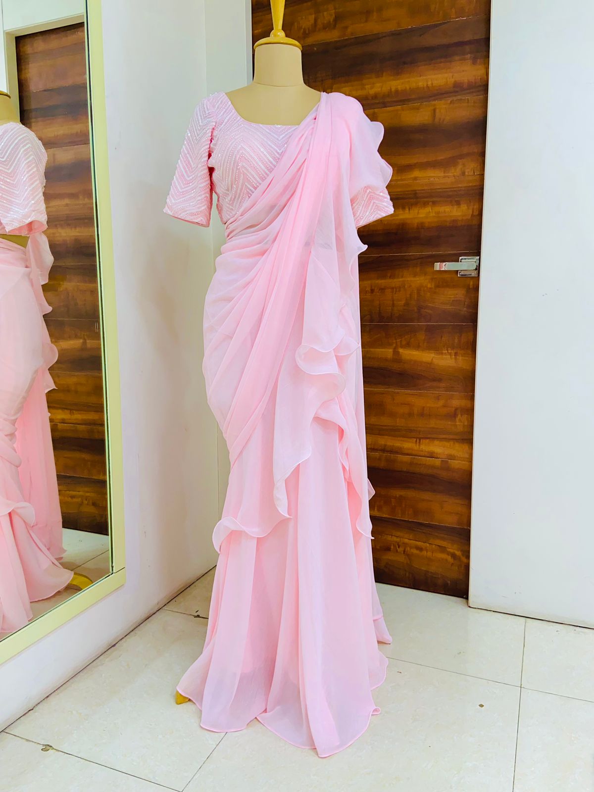Light Pink Pre Draped Saree With Readymade Blouse