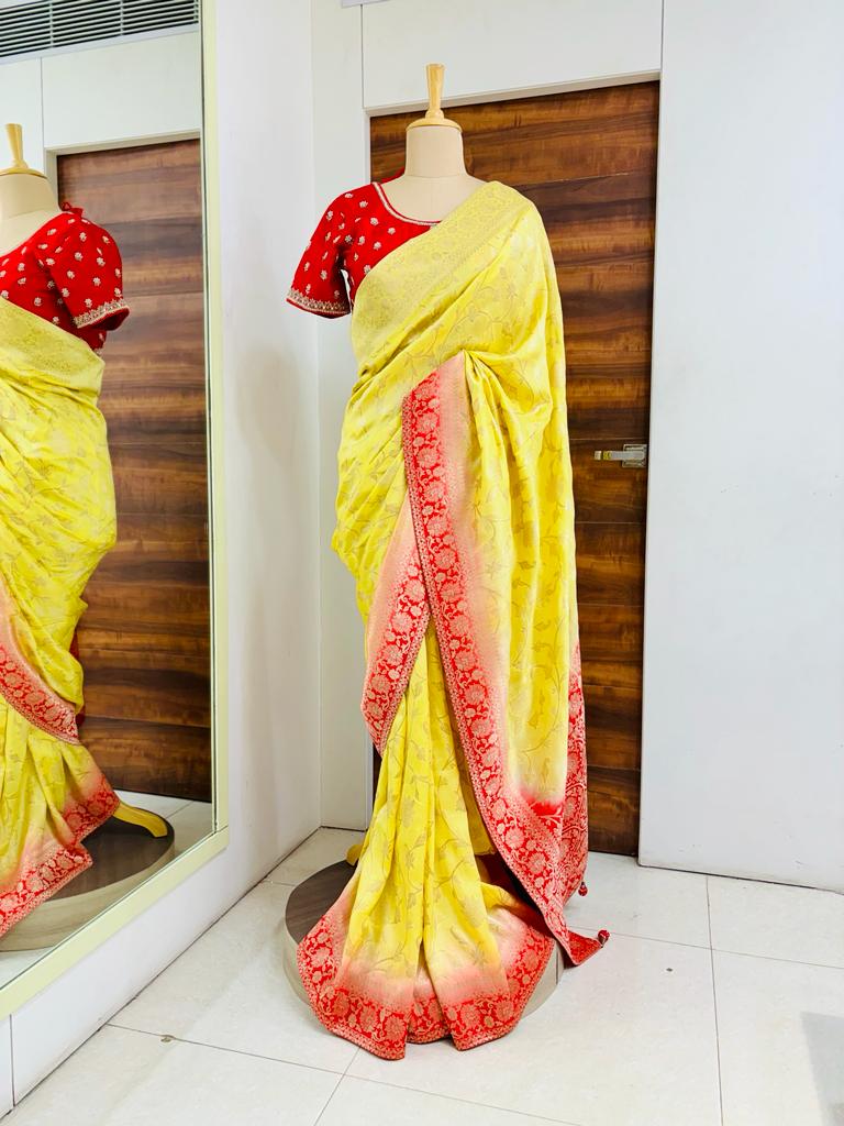 Yellow & Red Banarasee Saree With Readymade Blouse