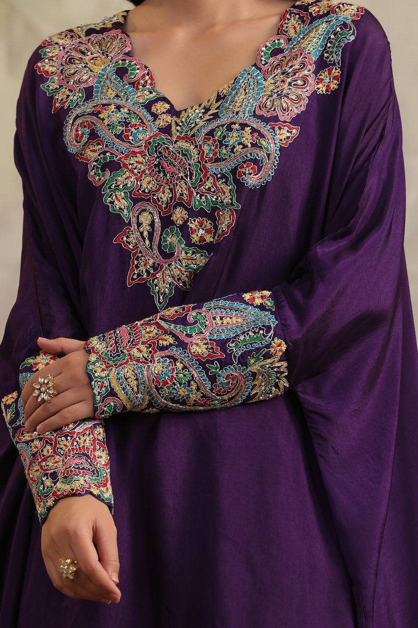 Purple Pure Silk Cuff Kaftan Set