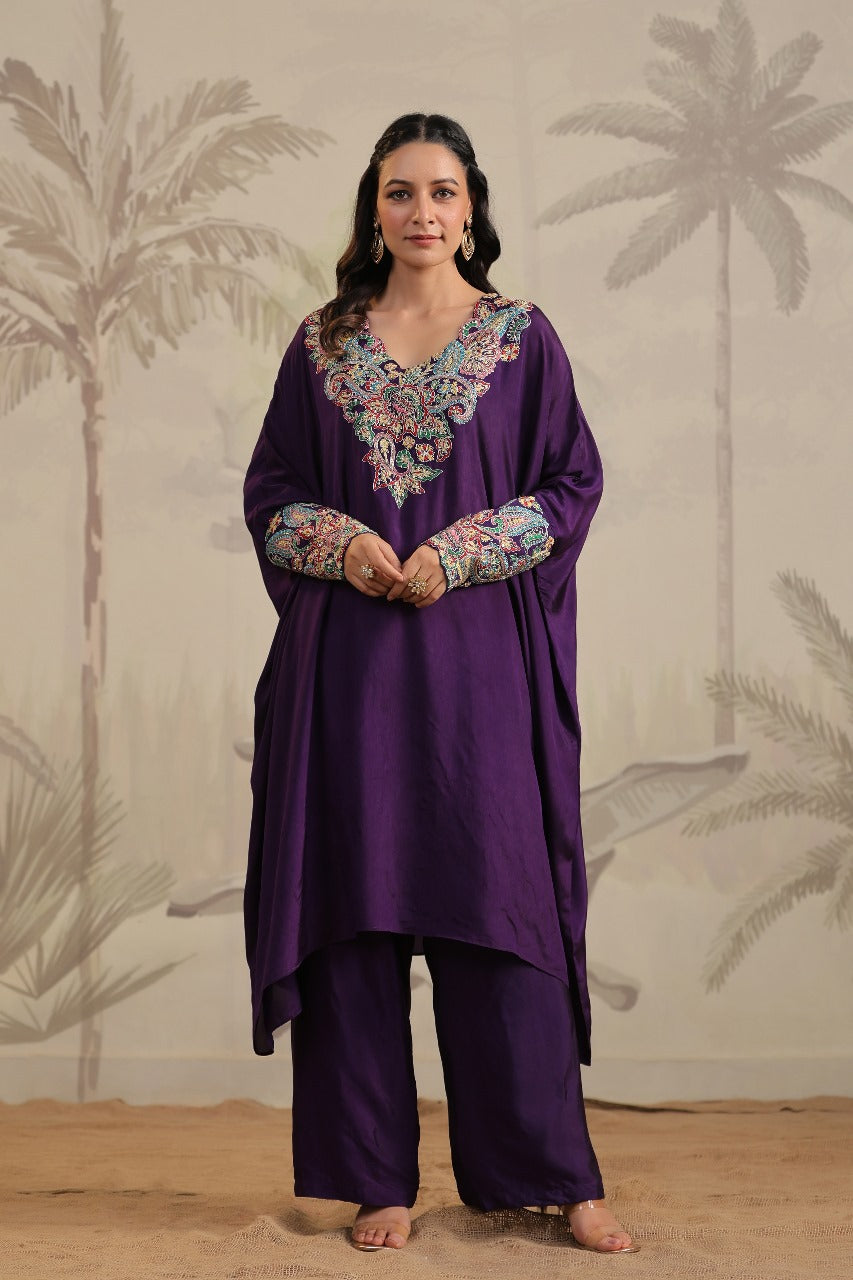 Purple Pure Silk Cuff Kaftan Set