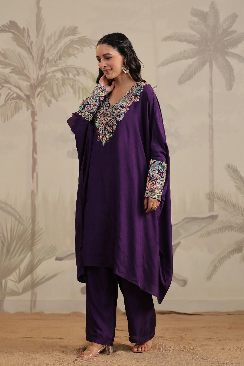 Purple Pure Silk Cuff Kaftan Set