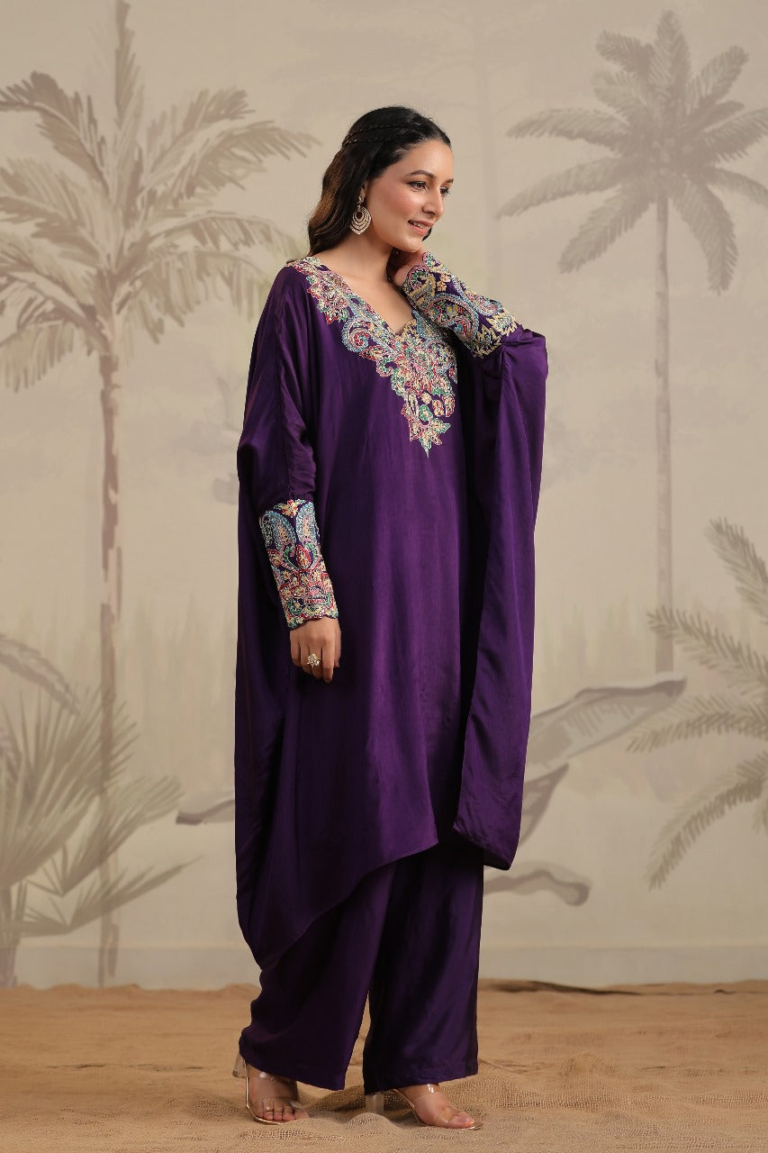 Purple Pure Silk Cuff Kaftan Set