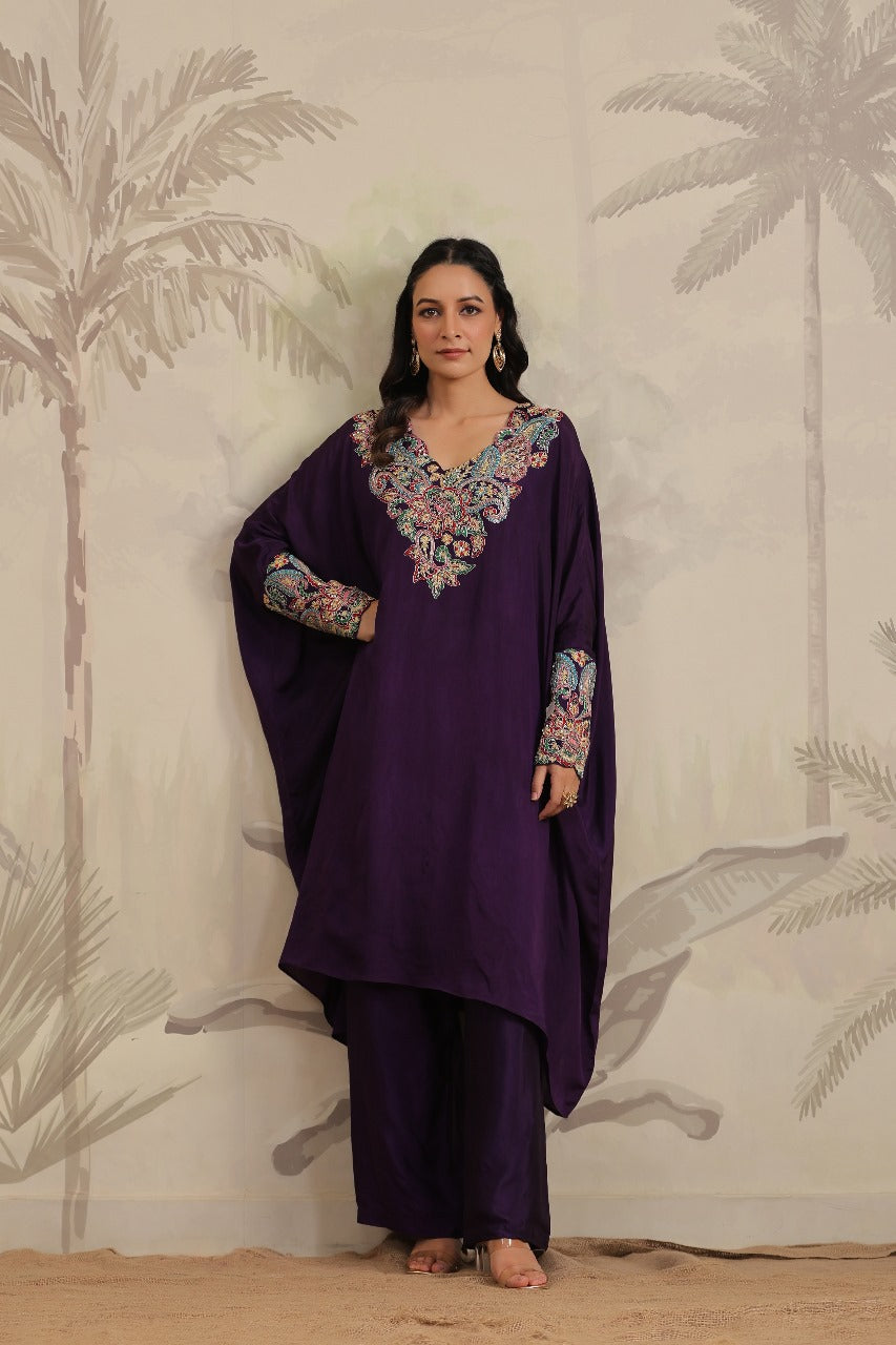 Purple Pure Silk Cuff Kaftan Set