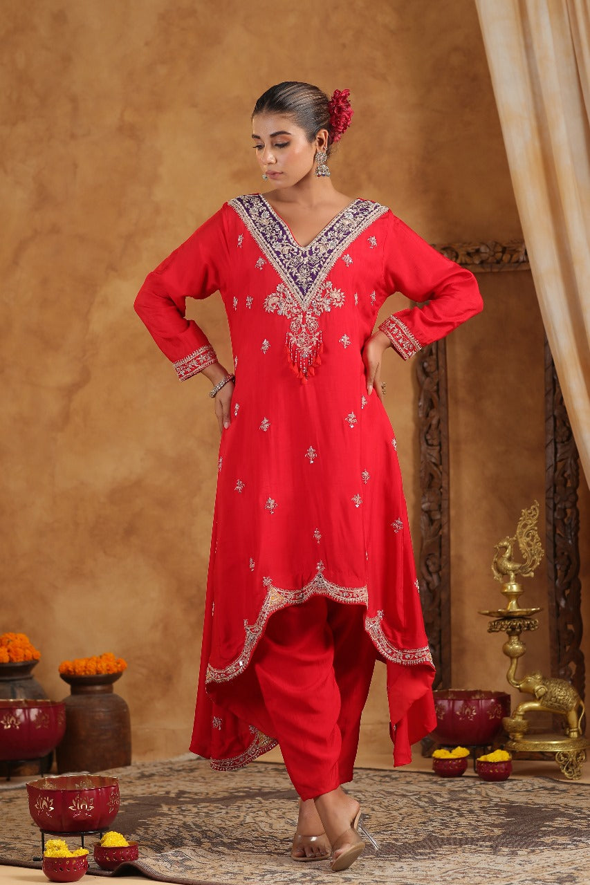 Ruby Red Embellished Raw Silk Palazzo Set