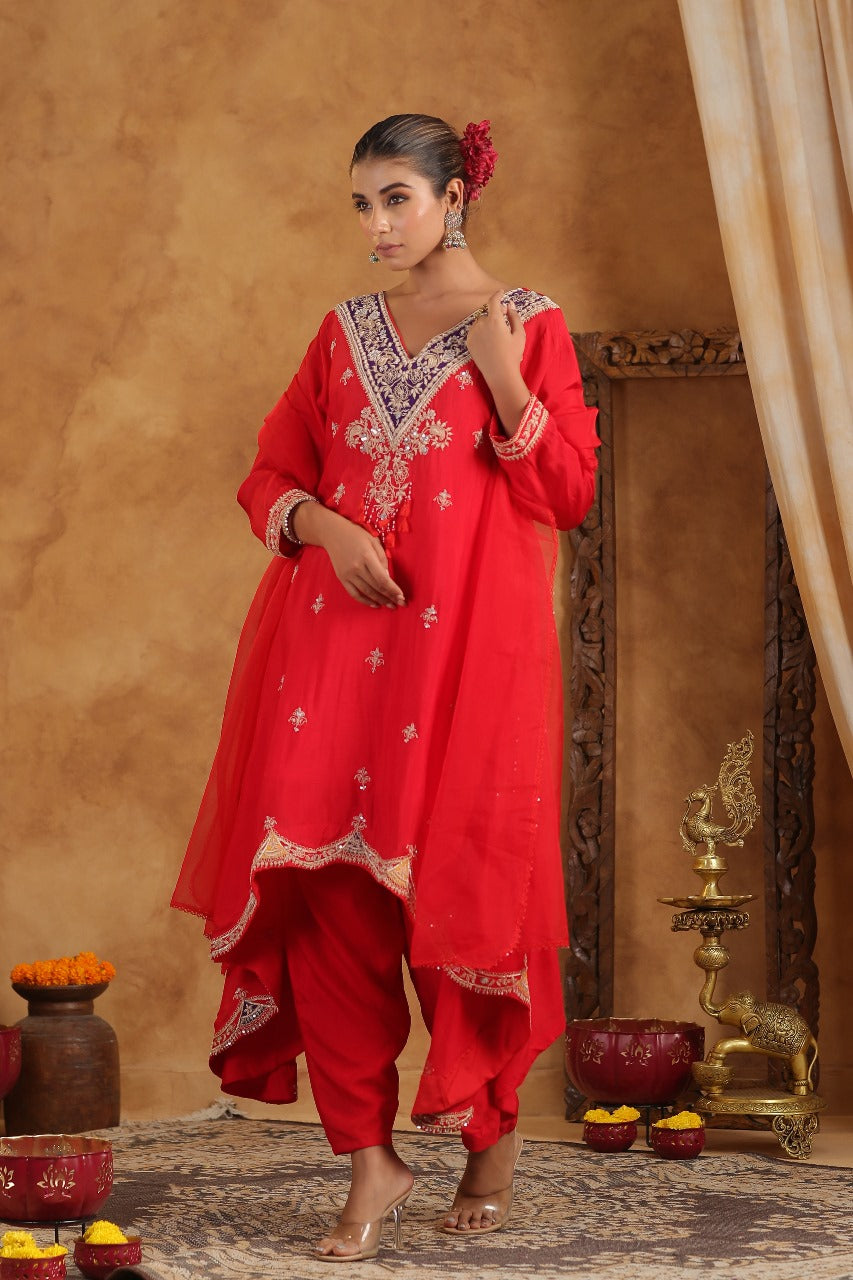 Ruby Red Embellished Raw Silk Palazzo Set