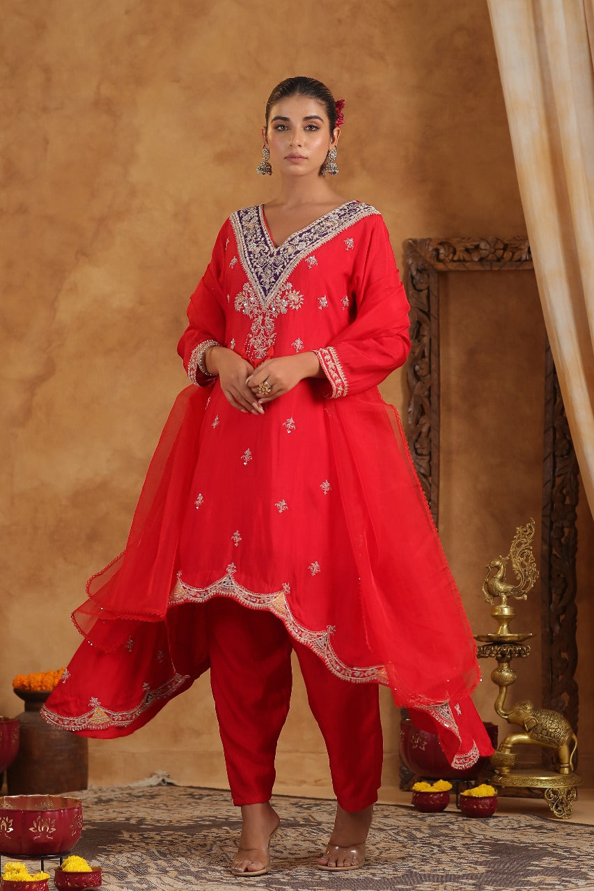 Ruby Red Embellished Raw Silk Palazzo Set