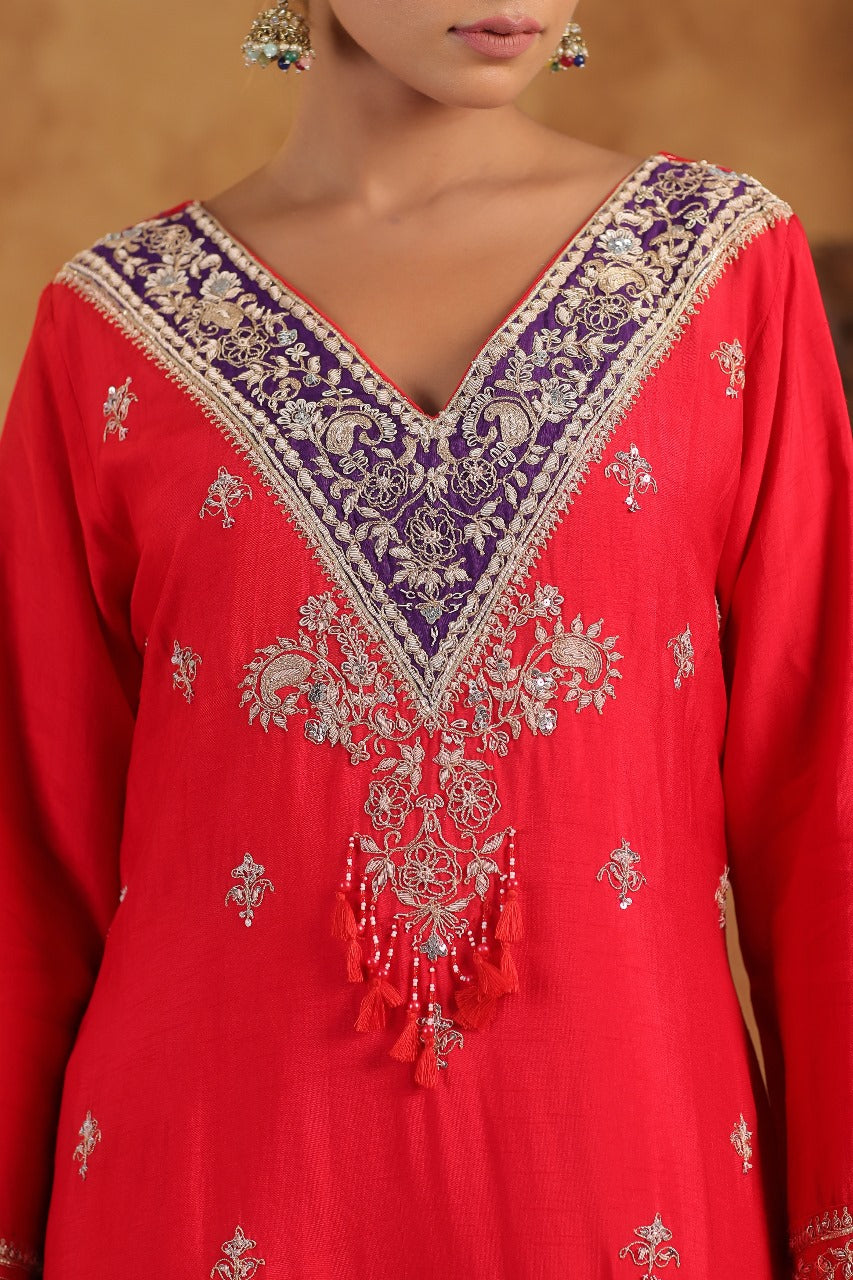 Ruby Red Embellished Raw Silk Palazzo Set