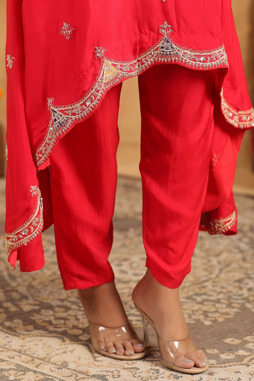 Ruby Red Embellished Raw Silk Palazzo Set