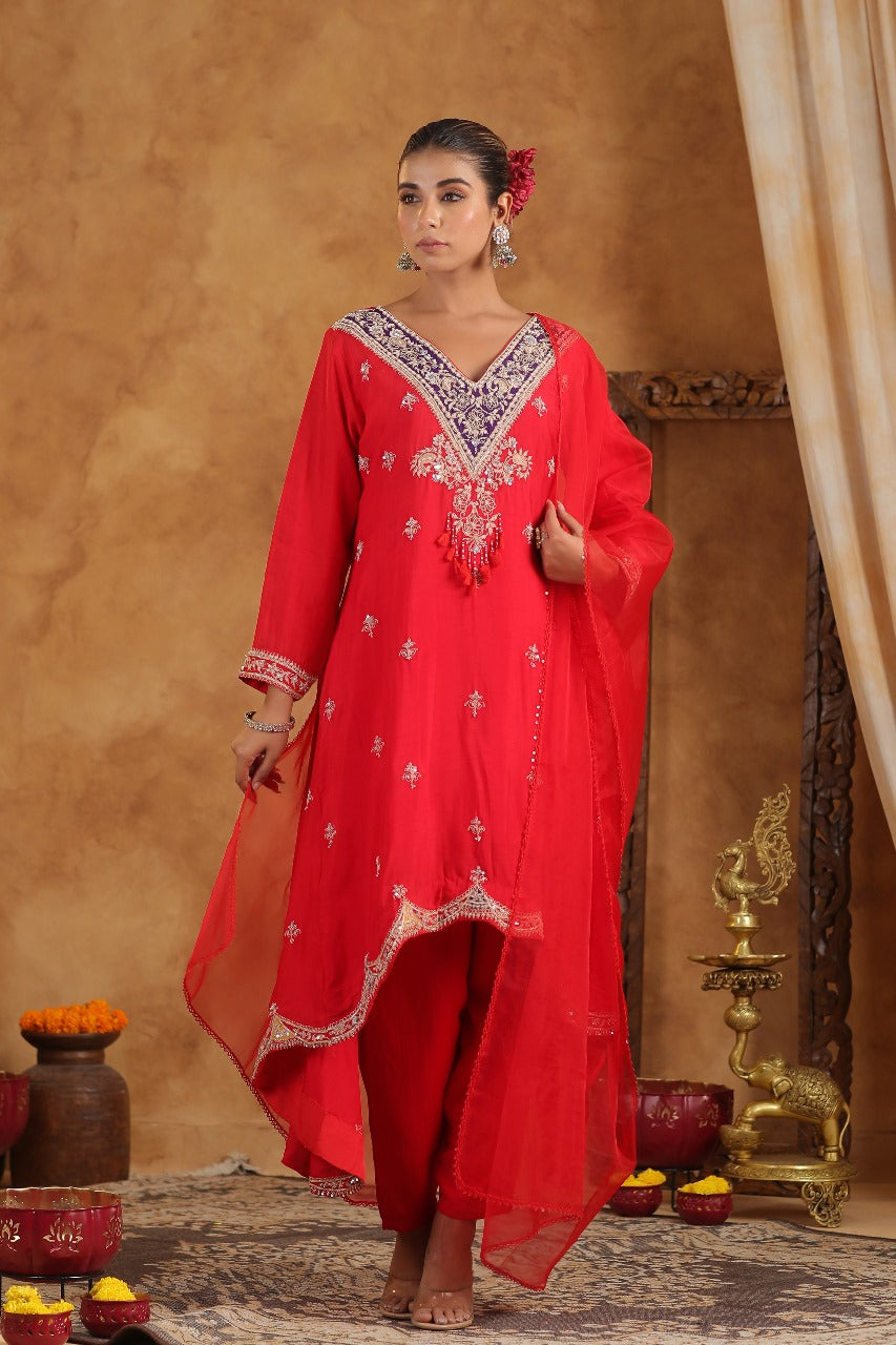 Ruby Red Embellished Raw Silk Palazzo Set