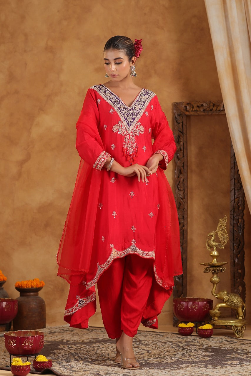 Ruby Red Embellished Raw Silk Palazzo Set