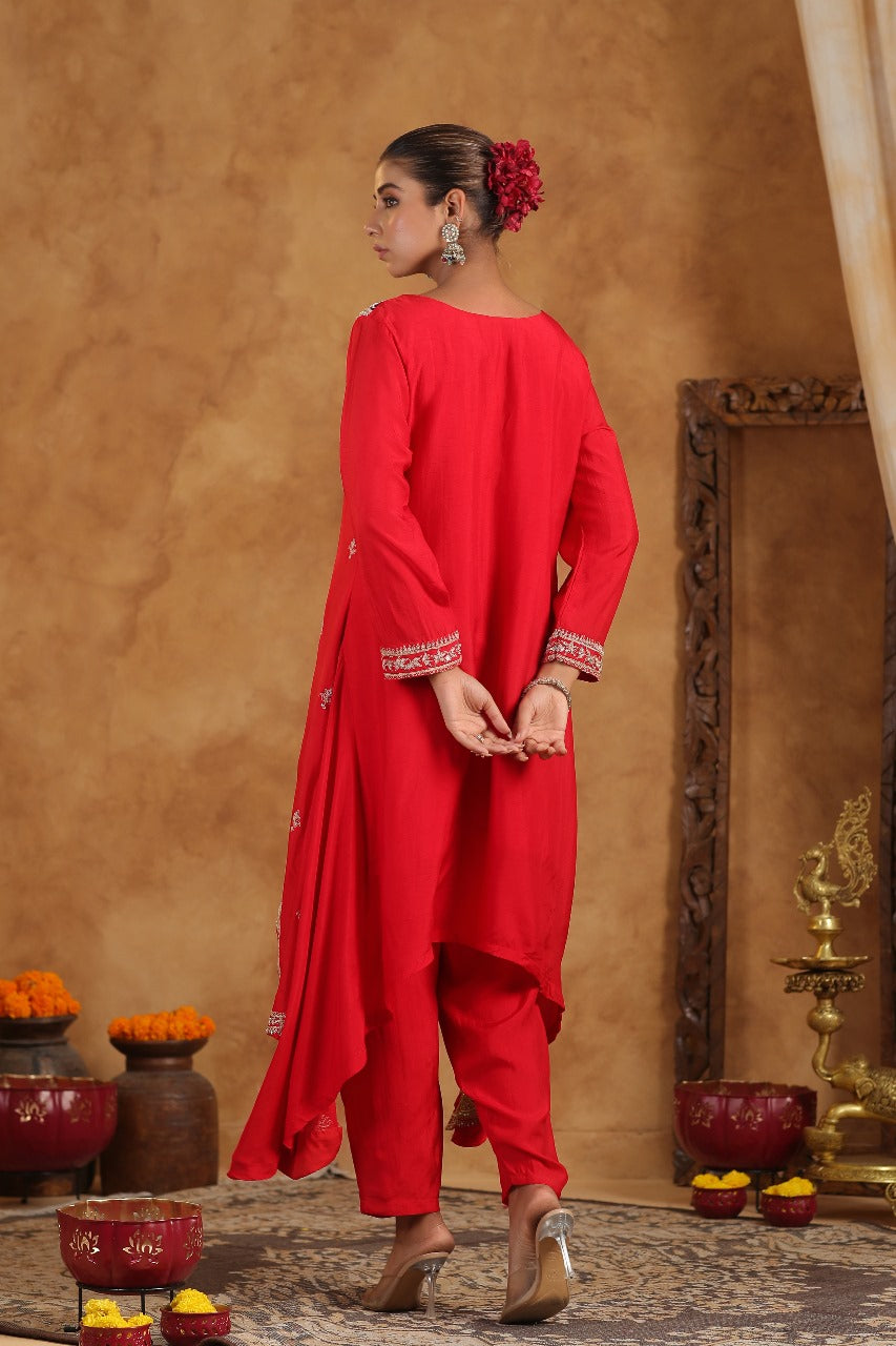 Ruby Red Embellished Raw Silk Palazzo Set