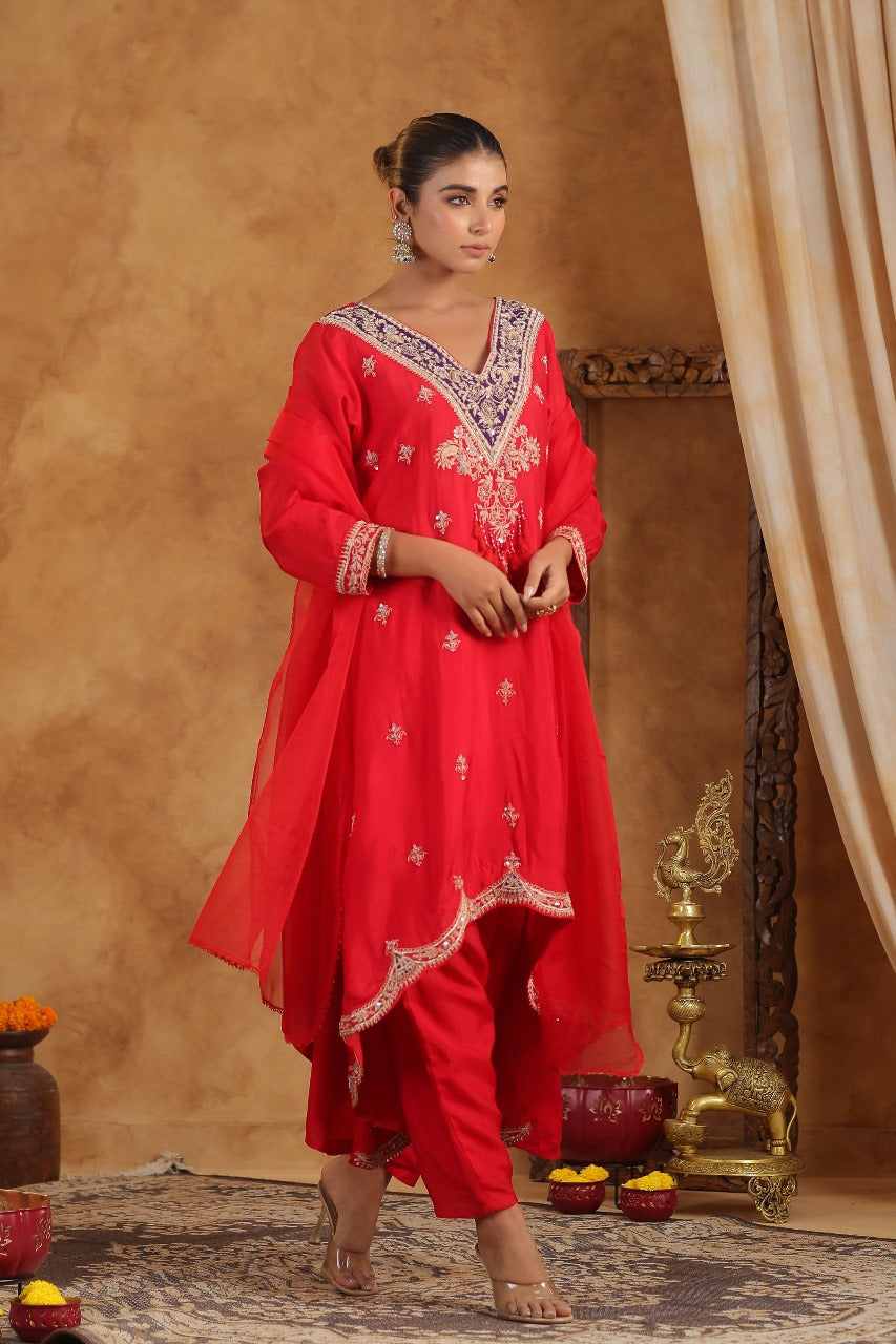 Ruby Red Embellished Raw Silk Palazzo Set