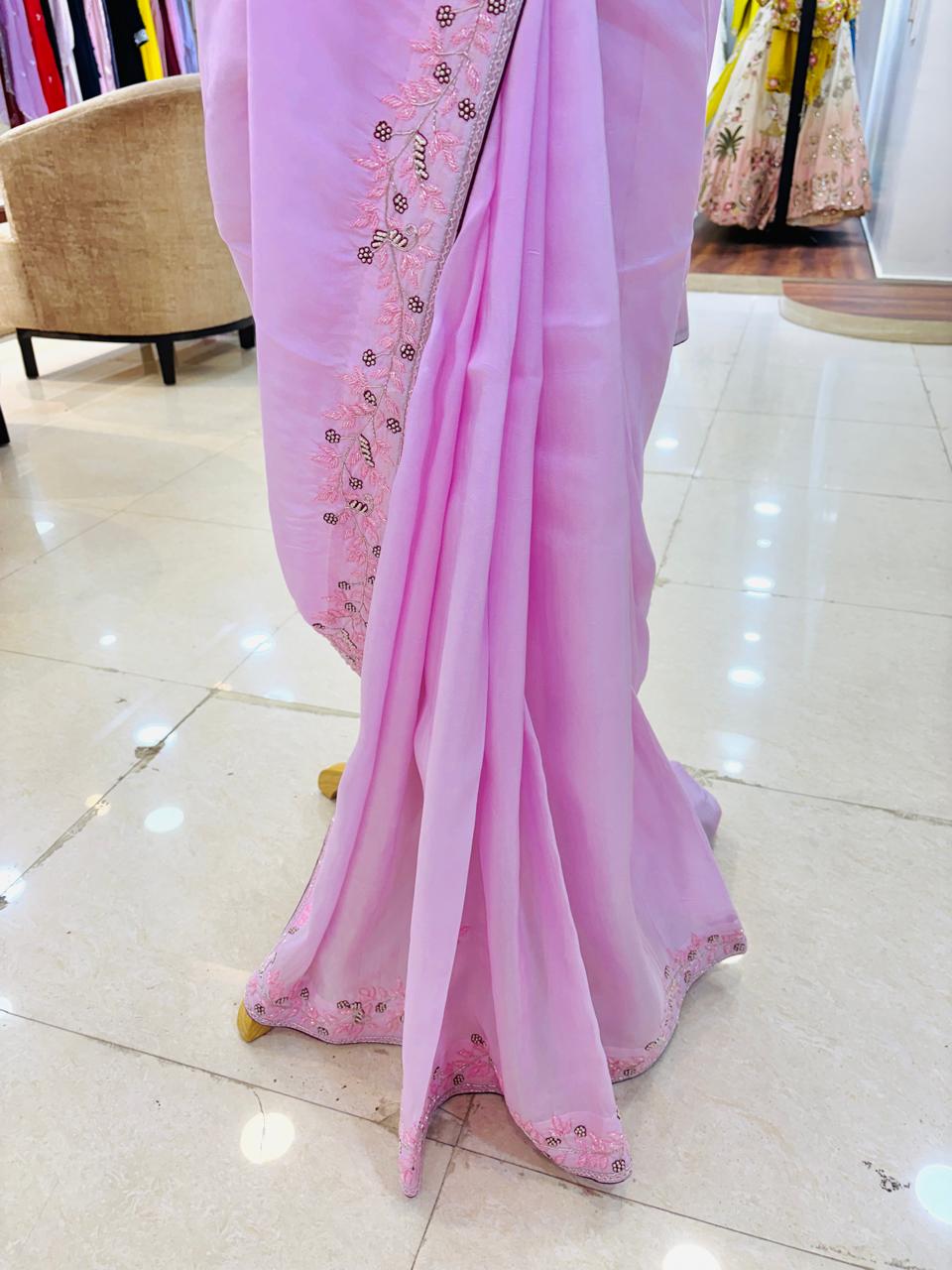 Light Pink Crepe Silk Hand Work Saree