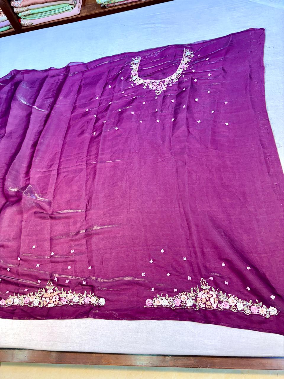 Wine Tissue Organza Designer Saree