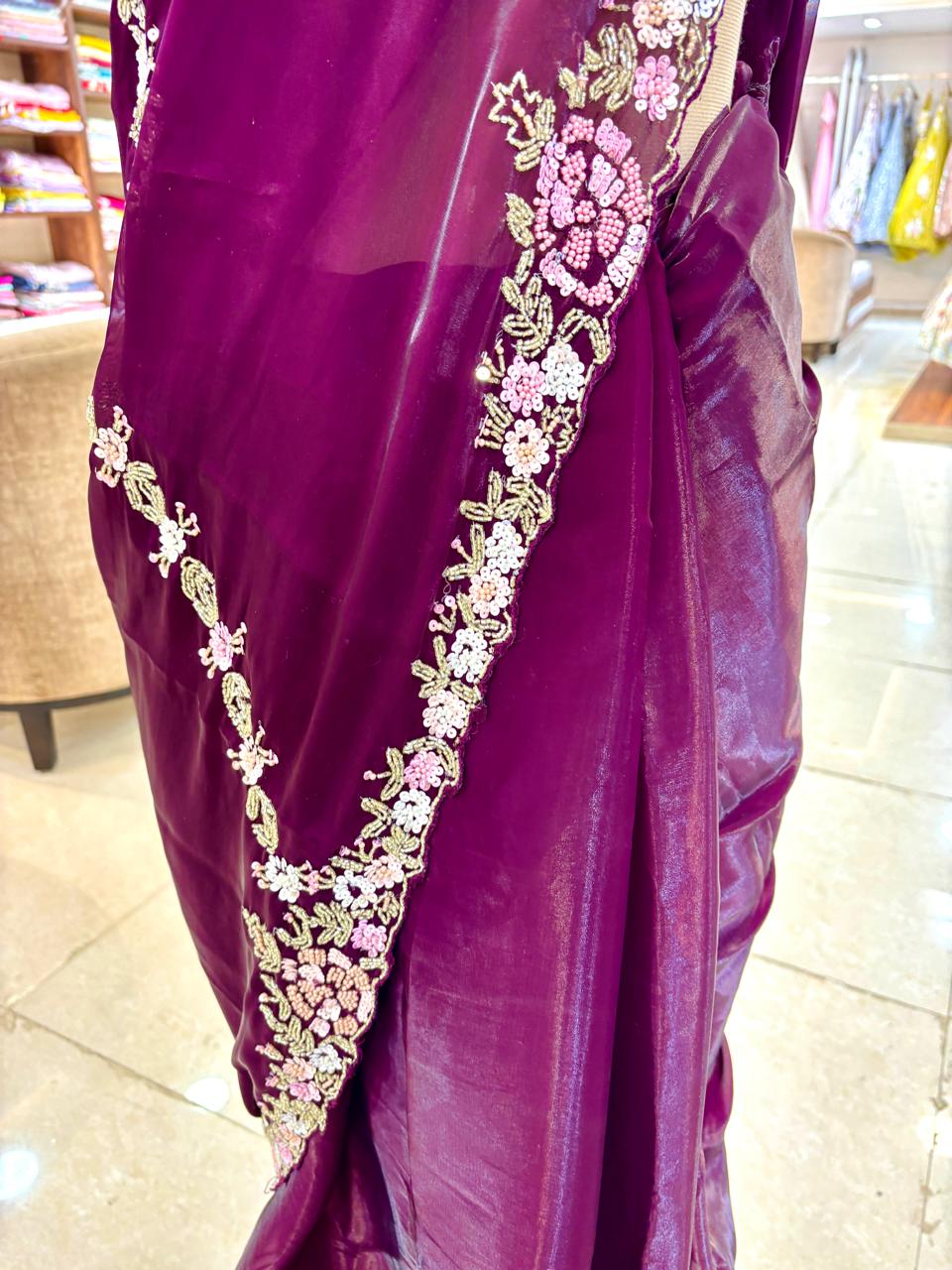 Wine Tissue Organza Designer Saree