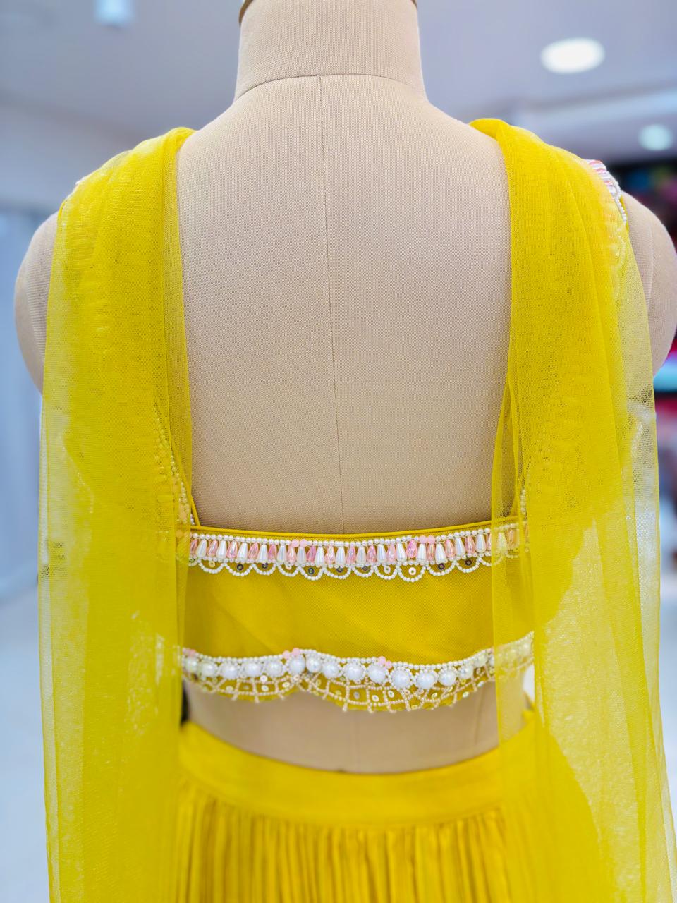 Yellow Georgette Crop Top Lehenga With Bead Embroidery