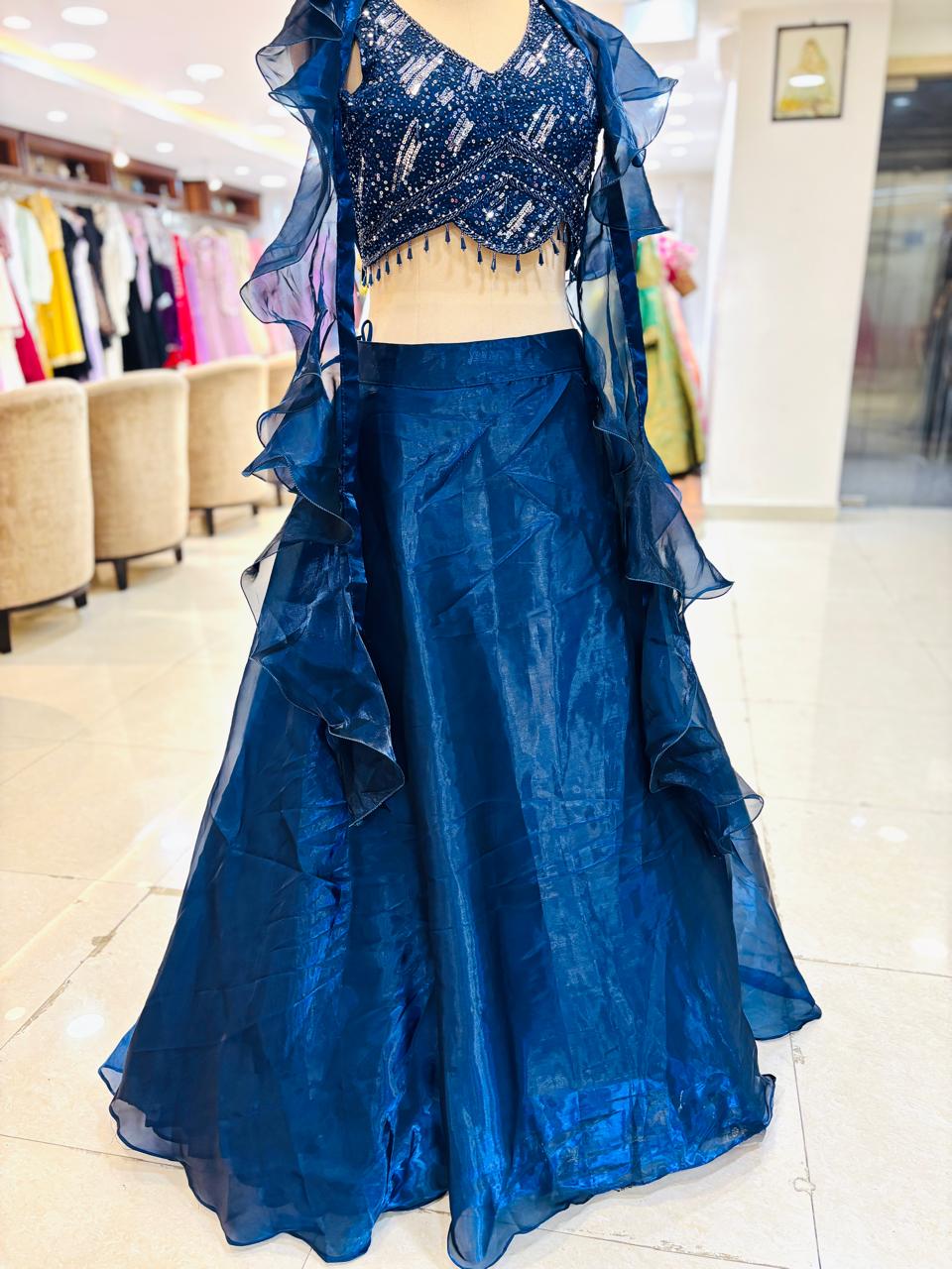 Navy Blue Tissue Organza Readymade Lehenga WIth Ruffle Dupatta