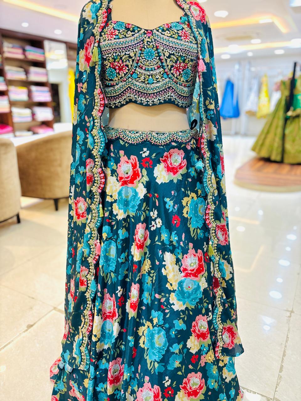 Green Floral Print Chinnon Readymade Lehenga With Shrug