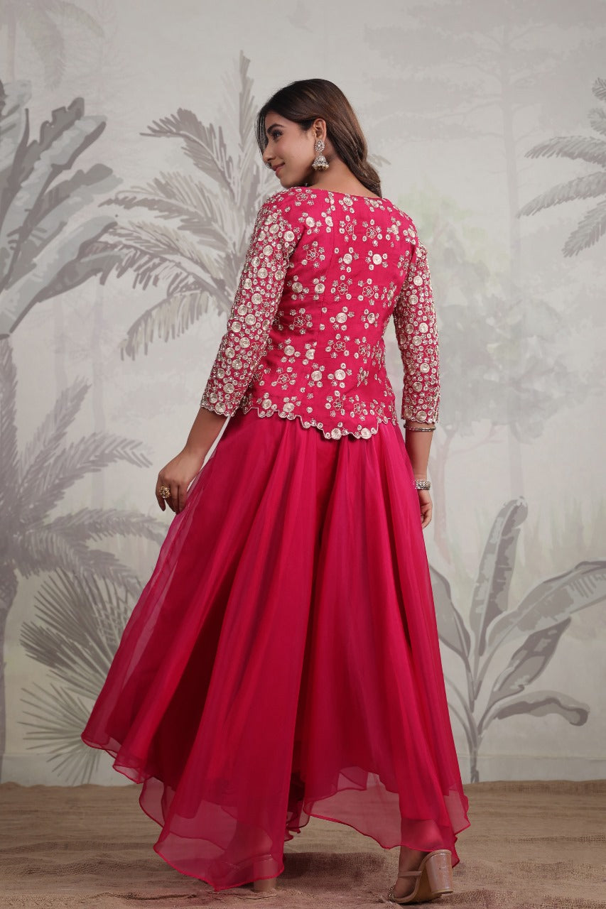 Dark Red Sharara Set With Jacket