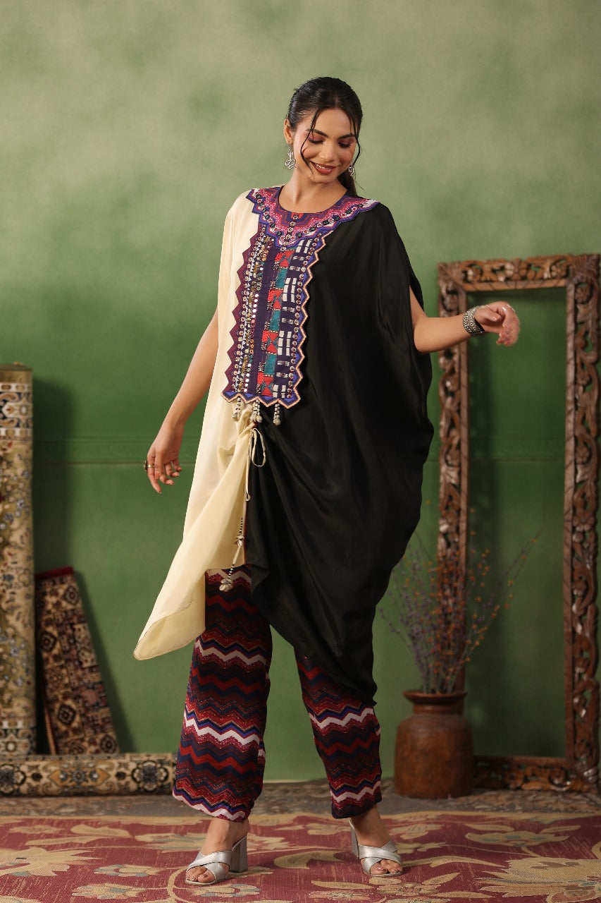 Black & Off White SIlk Kaftan Set