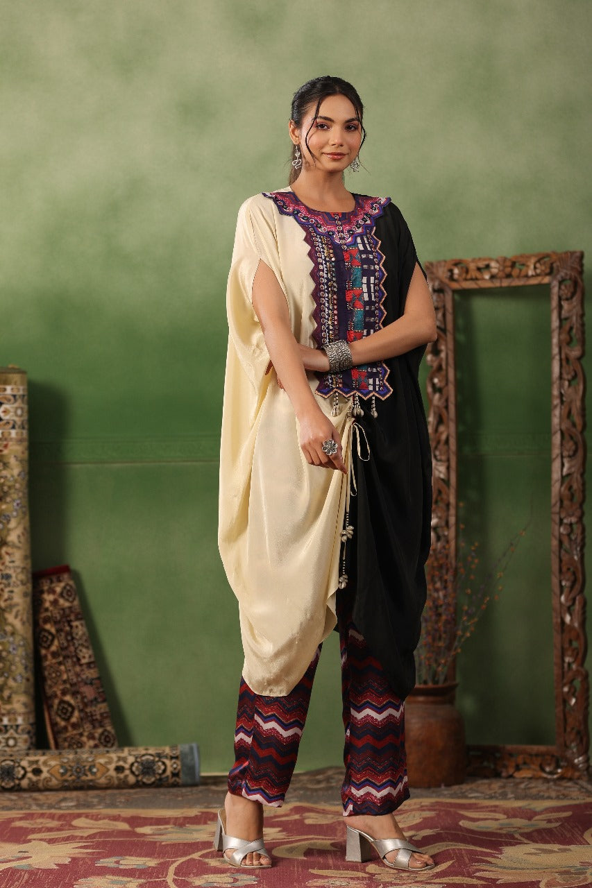 Black & Off White SIlk Kaftan Set