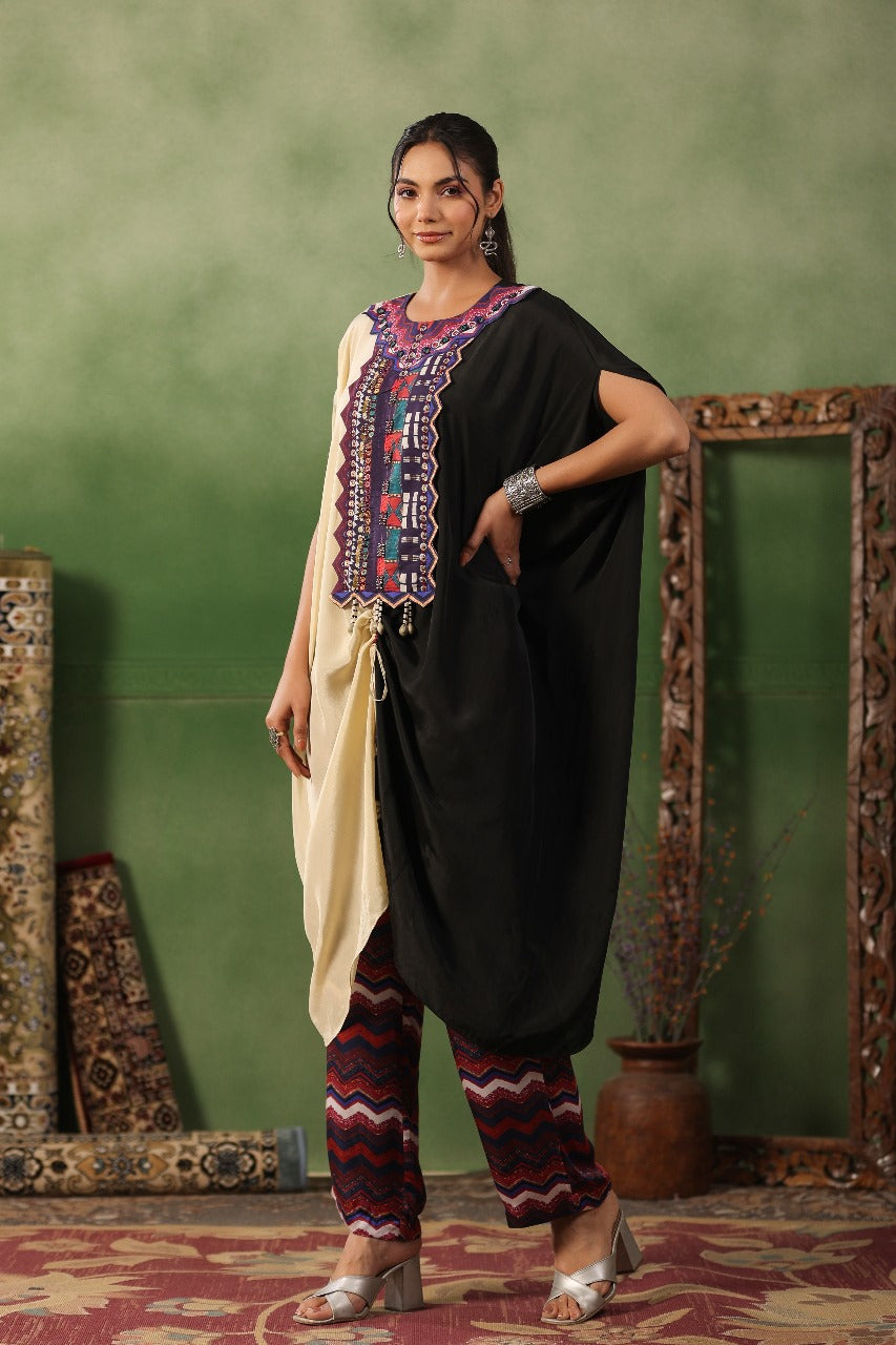 Black & Off White SIlk Kaftan Set