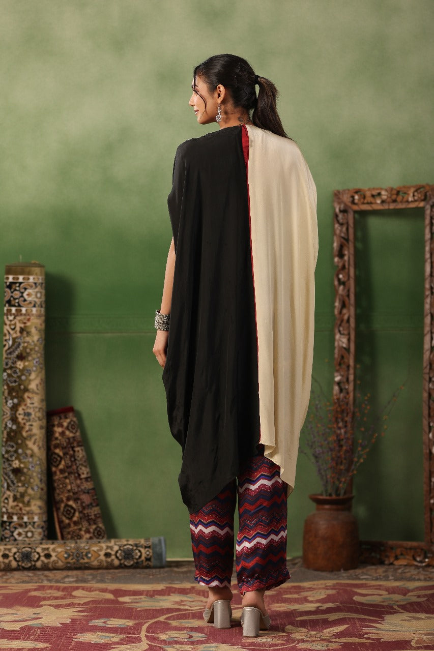 Black & Off White SIlk Kaftan Set